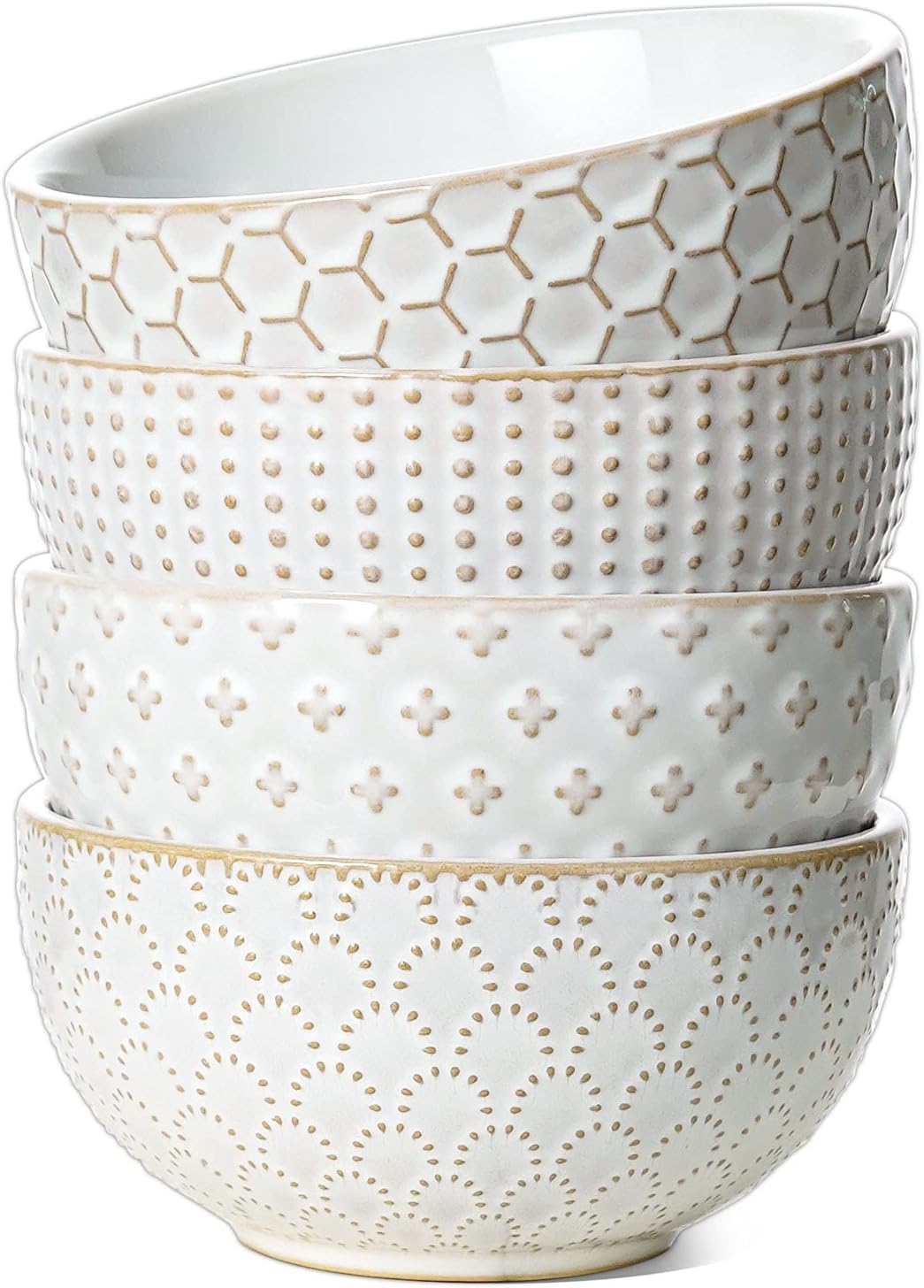 Cereal bowls 26 oz, Ceramic Soup Bowl for Kitchen, Embossment Stoneware Bowl for Pho, Chip, Fruits, Salad, Noodle, Ramen, Suit For Housewarming - 6 Inch, Set of 4, Arctic white