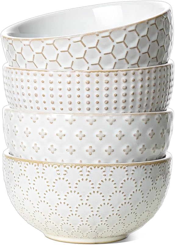 LE TAUCI Cuencos de cereales de 26 onzas, cuenco de sopa de cerámica para cocina, cuenco de gres en relieve para Pho, chips, frutas, ensalada, fideos, ramen, ideal para inauguración de la casa, 6 pulgadas, juego de 4, blanco ártico