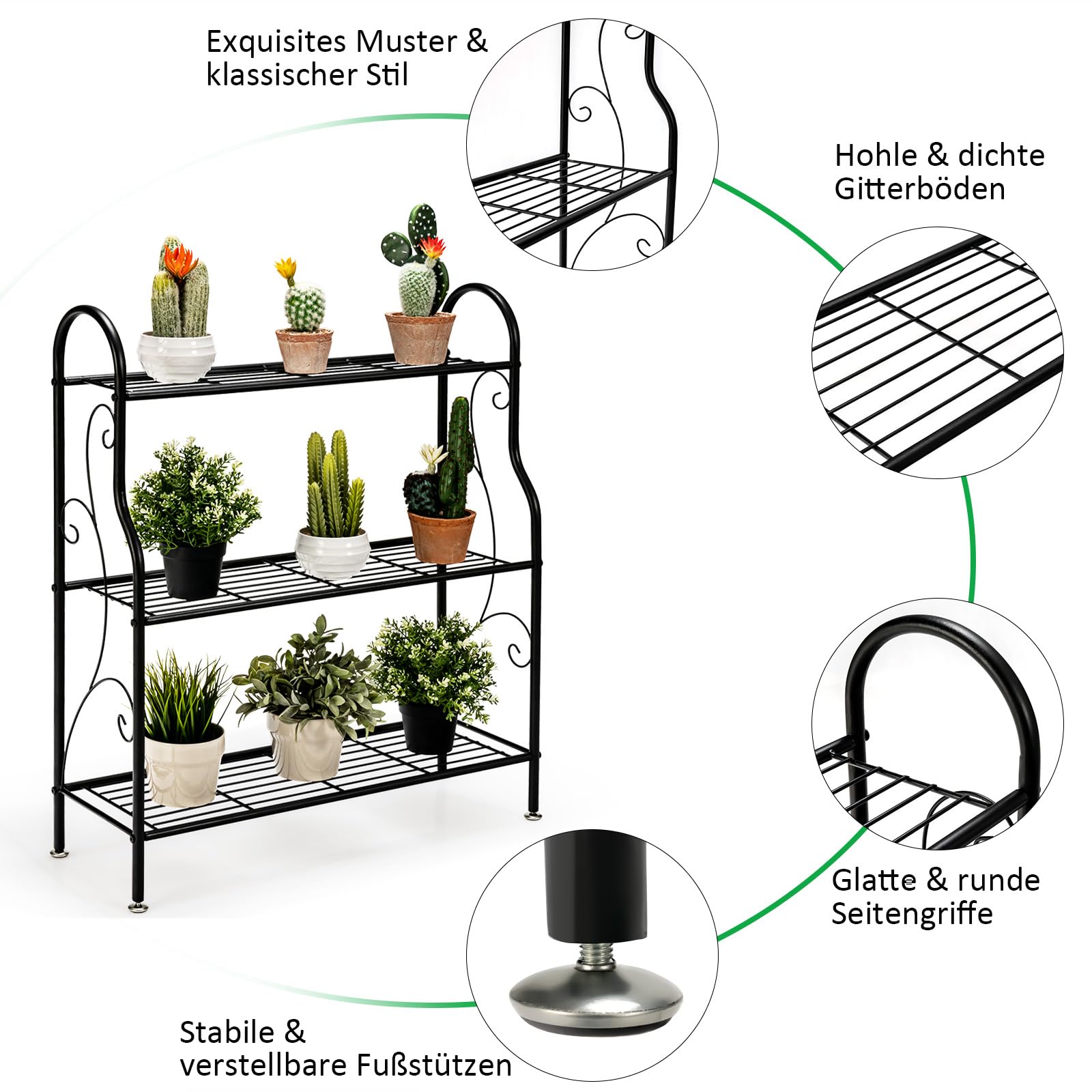 COSTWAY 3-stufige Metall Blumentreppe, Pflanzenständer Pflanzenregal Pflanzentreppe, Blumenregal belastbar bis 35 kg, Blumenbank für Garten Balkon Indoor Outdoor, Schwarz, 72 x 25 x 85 cm