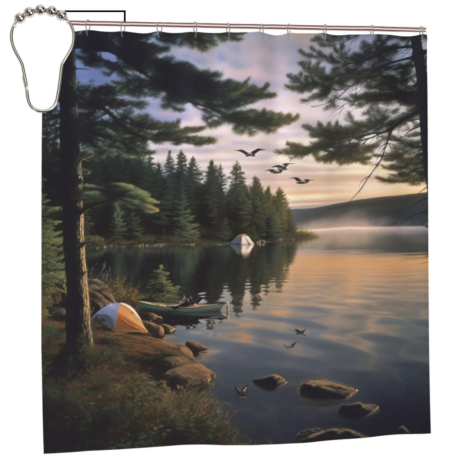 BWWHCCTI Camping Lake Printed Shower Curtain With 12 Iron Hooks Opaque Quick Drying Waterproof Shower Curtains Sets For Bathroom 183x183 CM