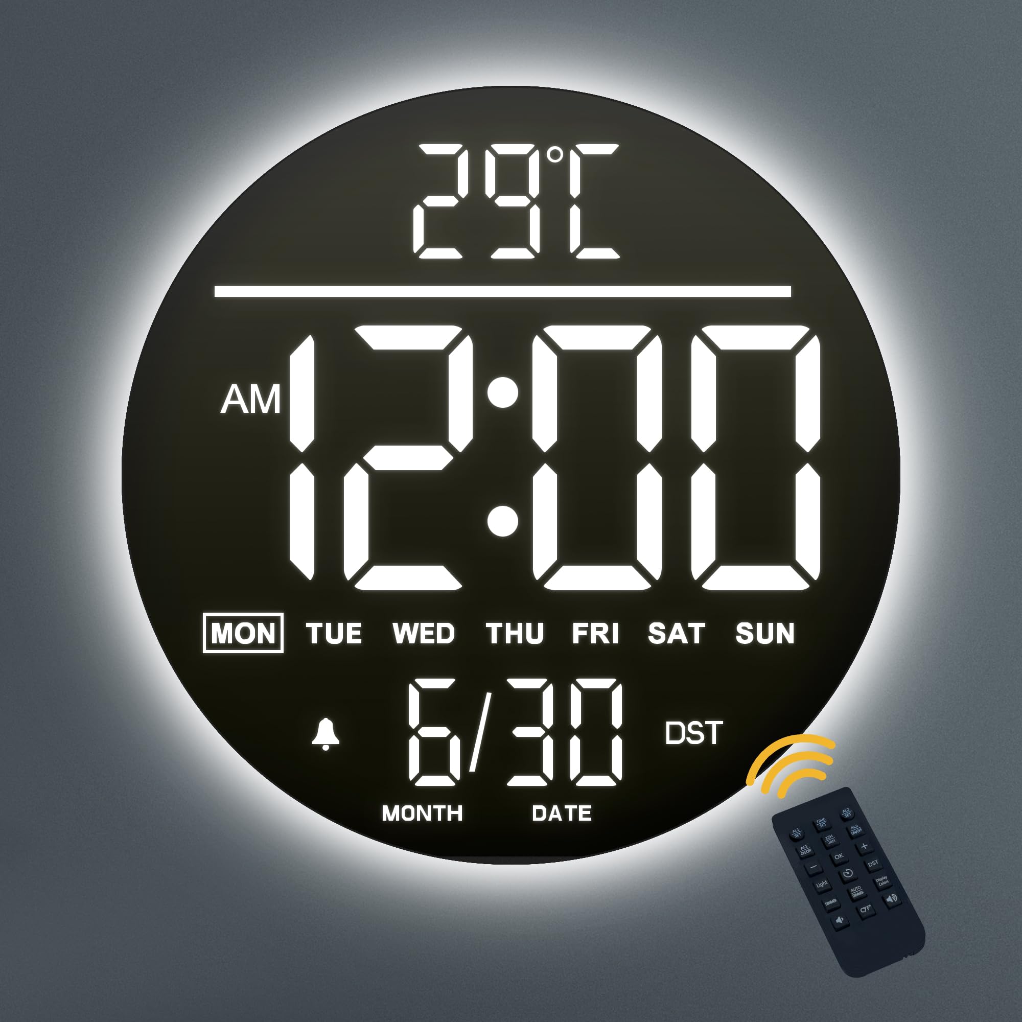 Mee 2ou 10" Digital Wall Clock With Night Light, Alarm, Remote Control, 11 RGB Color Auto-Brightness, Temperature, Date And Day, Modern Electric LED Wall Clock for Bedroom, Living Room