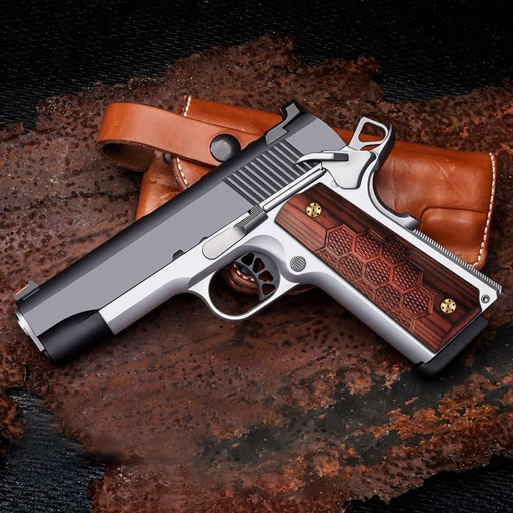 Cool Hand 1911 Wood Grips, Grips Gold Screws Included, Full Size (Government/Commander), Checker Diamond Cut or w/Patriotic US Logo or Honey Comb Texture, Ambi Safety Cut
