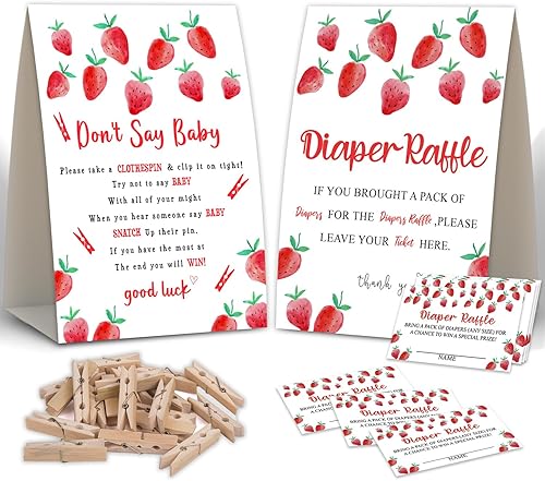 2 juegos de fresa para baby shower, juegos de pinzas para ropa de bebé, boletos de rifa de pañales, decoraciones de baby shower, juego de baby