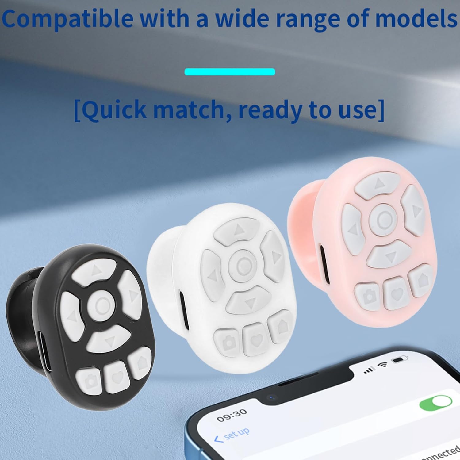 Three Tangxi Scrolling Ring Remote Controls (black, white, pink) next to a smartphone displaying Bluetooth settings, indicating wide compatibility.