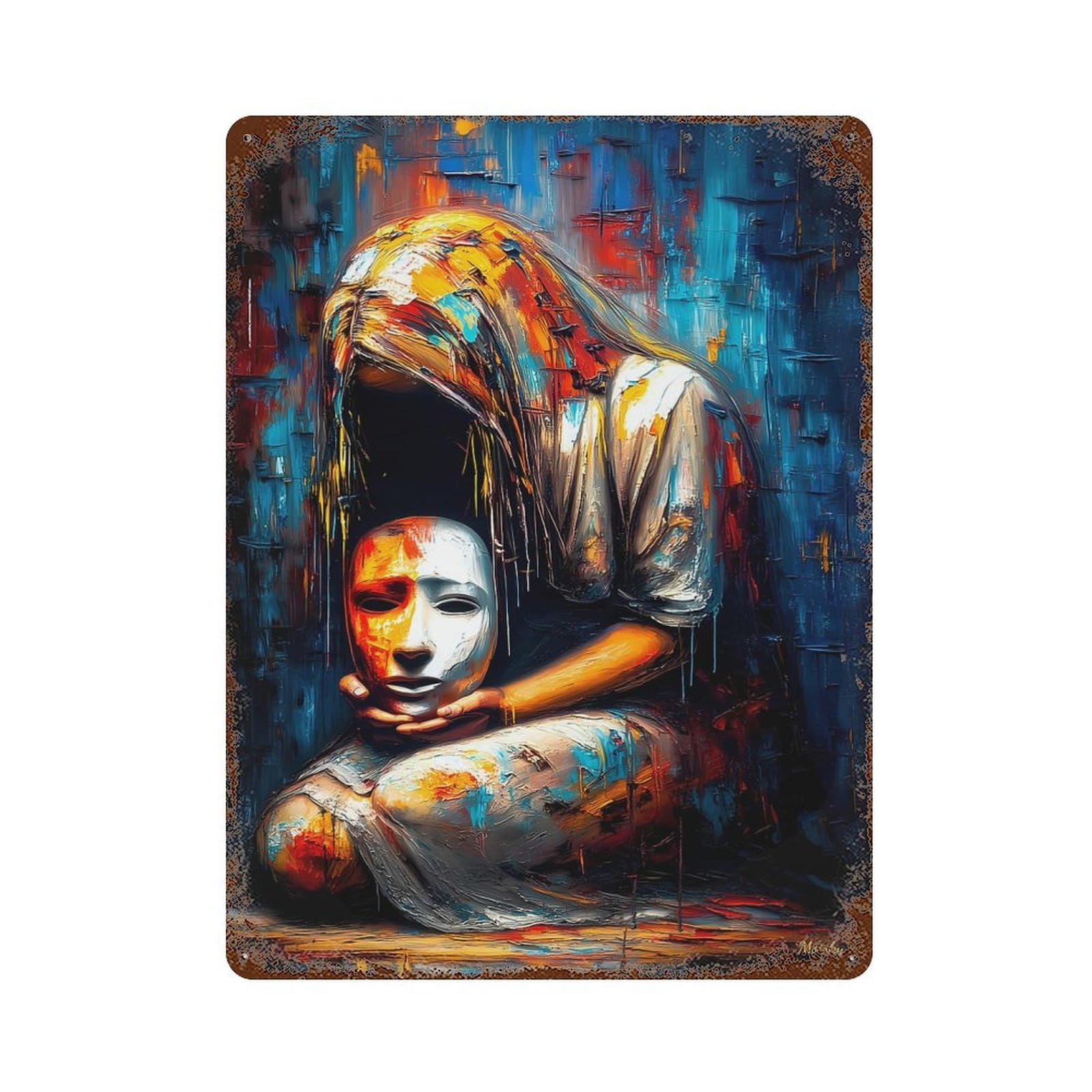 Behind The Mask – Abstract Expressionism Rustic Tin Plaque 15.7"x11.8", Ideal for Shed, Workshop And Garage Wall Decor