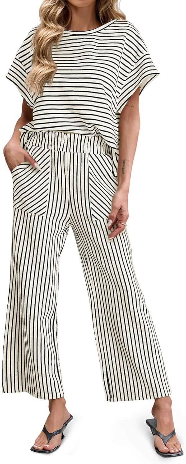 Striped 2 piece set with short sleeve shirt and pants