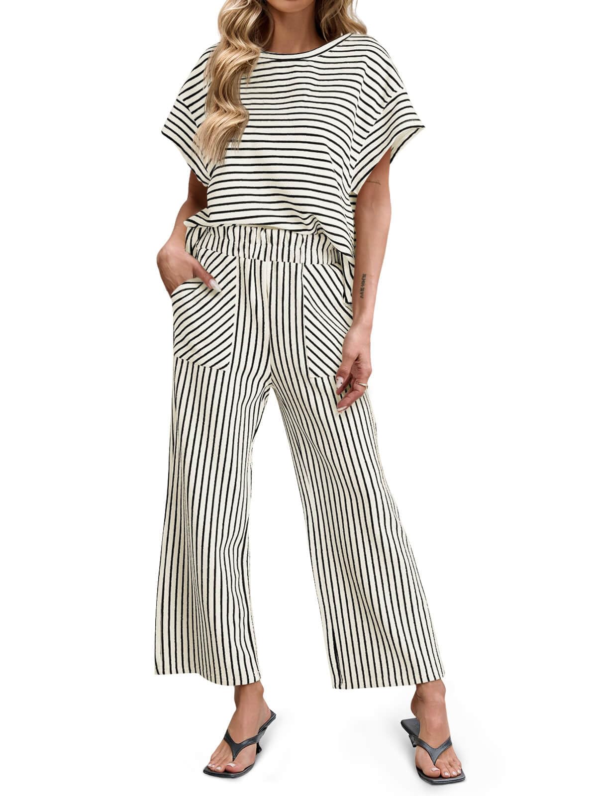 Tankaneo Womens Striped 2 Piece Sets Short Sleeve T Shirts Wide Leg Pants Matching Lounge Set with Pockets