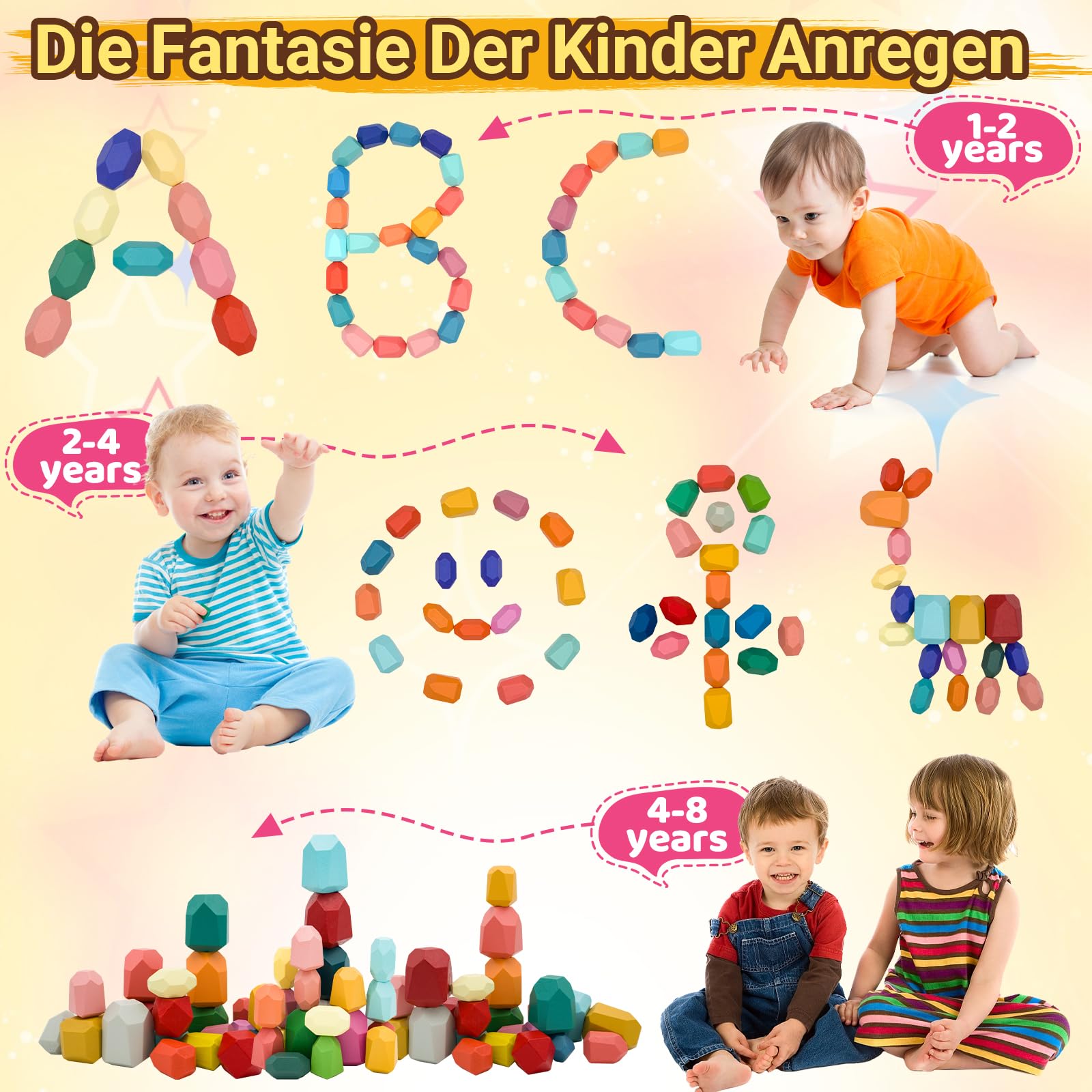 RunHero 39 Stück Stapelsteine Balanciersteine Montessori Holz Bauklötze Spielzeug für Kinder Stapelturm Grimms Holzbausteine Stapelsteine Motorikspielzeug Geschenk für Baby ab 3+ Jahr