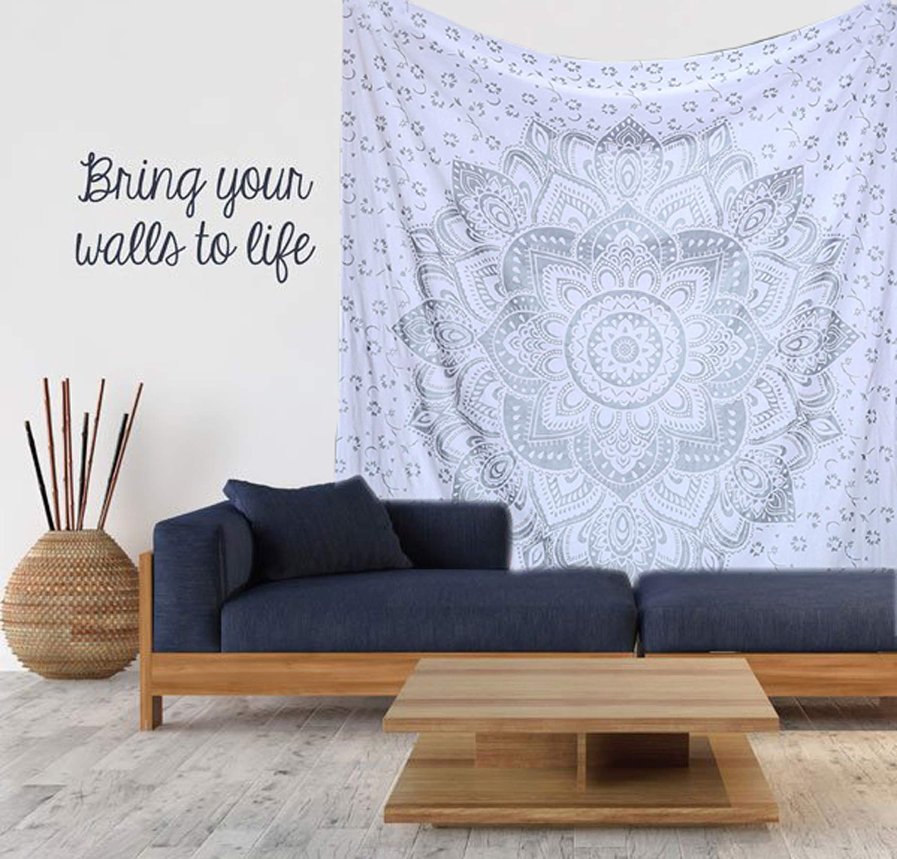Arazzo Da Parete Mandala Grigio Bohémien - 137x213 Cm, Stampa Con Elefanti E Motivi Paisley, Decorazione Casa E Soggiorno