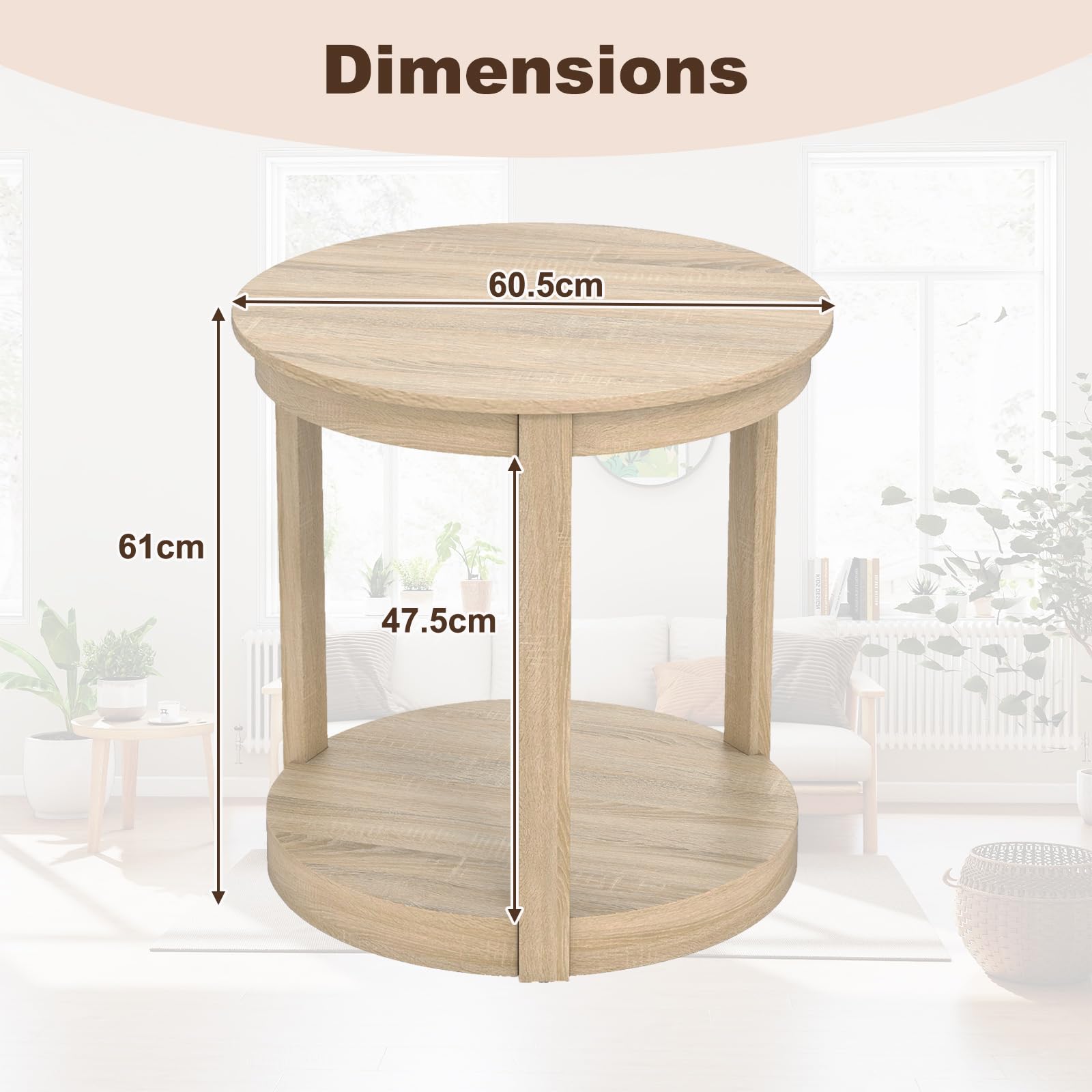 LIFEZEAL Mesa de Centro Redonda de 2 Niveles, Mesa Auxiliar de sofá Circular con Estante de Almacenamiento, Muebles pequeños para Sala de Estar, hogar (Roble)