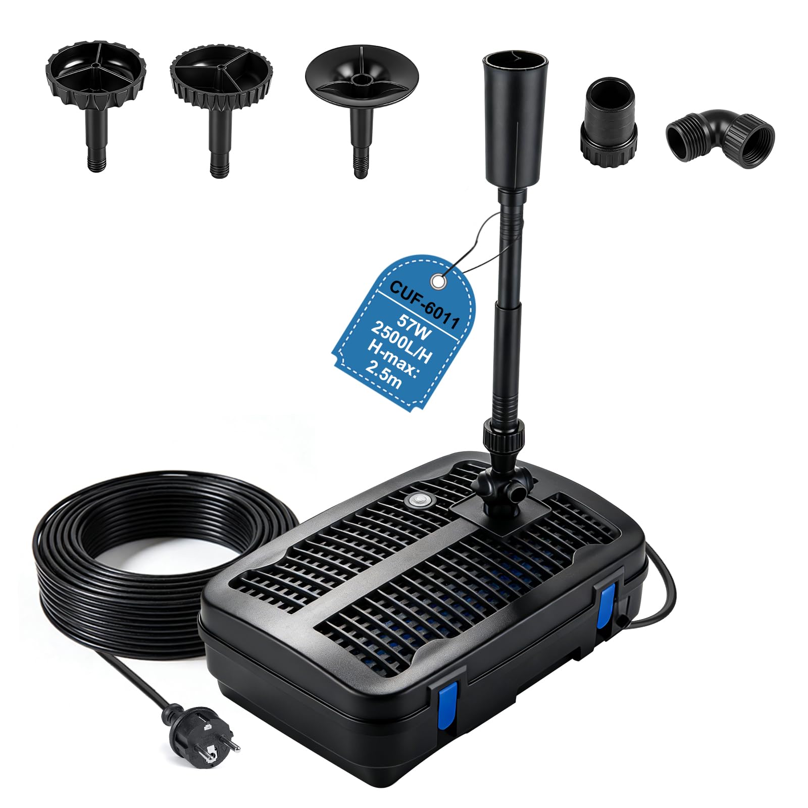 EXLECO 2500 L/h 57W Pompe pour Bassin de Jardin Extérieur avec Lampe UV Aquarium, Filtre avec 3 Têtes de Fontaine, Médias Filtrants, Raccords de Réglage Trois Voies, Câble 10m, pour Poisson Exterieur