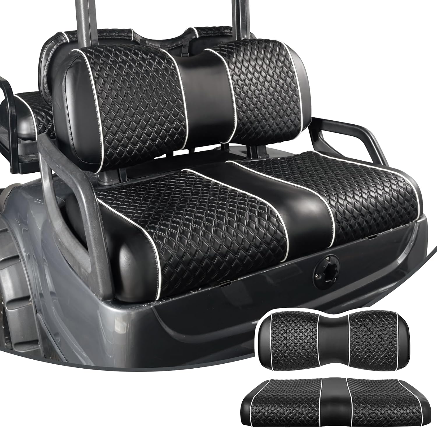 NOKINS Golf Cart Seat Covers Fit for Yamaha Drive/Drive2 OEM Standard Front Seat Cushion, Backrest Vinyl Leather Litte Diamond Seat Covers, No Stapler Required (Black&White Piping)