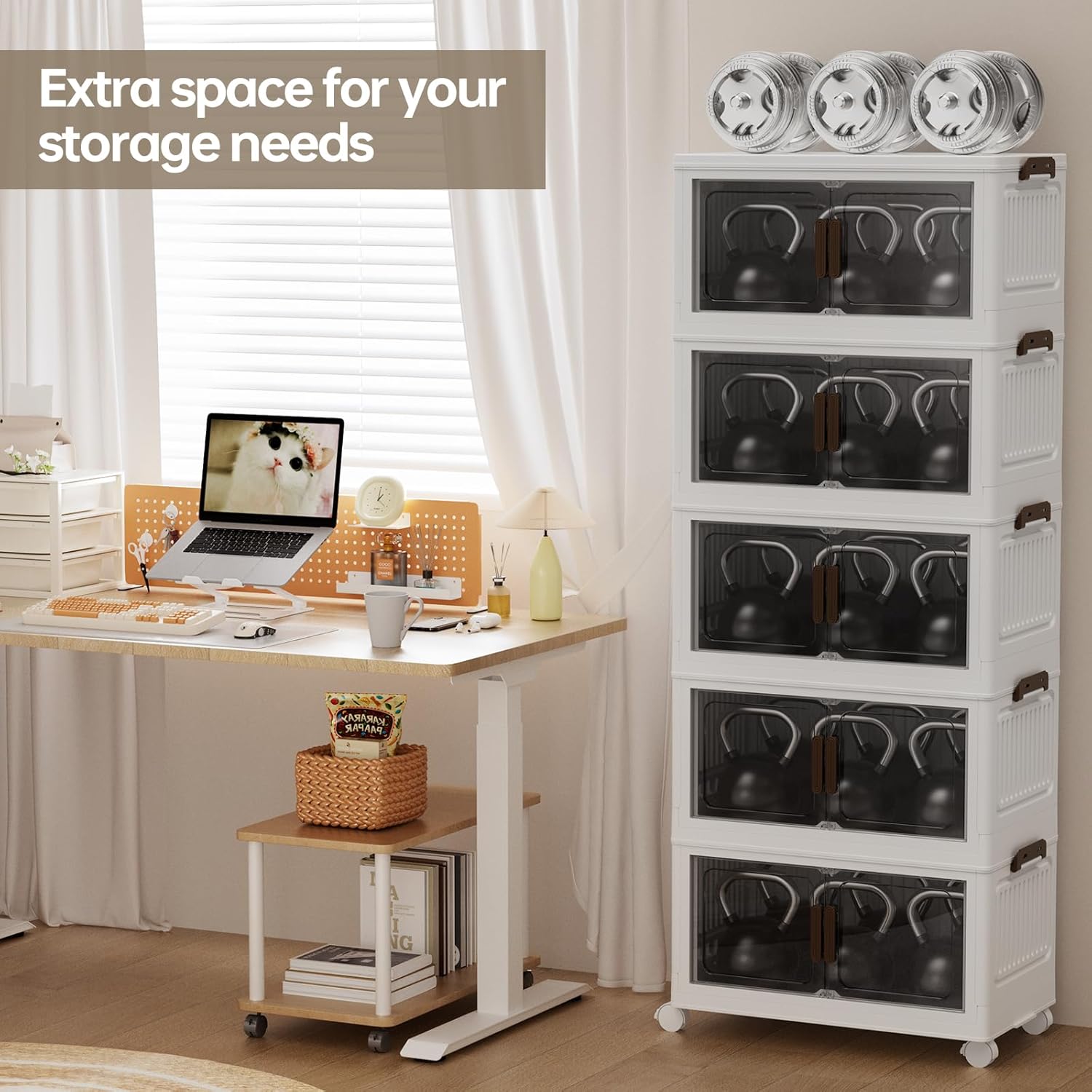 58 Qt Stackable Plastic Storage Bins with Lids, Collapsible Closet Organizer and Drawers, Stackable Storage Containers with Wheels(5 Pack)