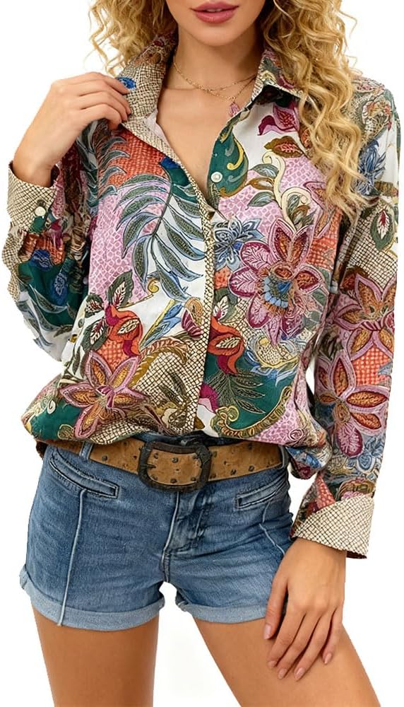 Women's Floral Blouses Dressy Casual V Neck Button Down Shirts Long Sleeve Boho Tops 2025 - Image 2