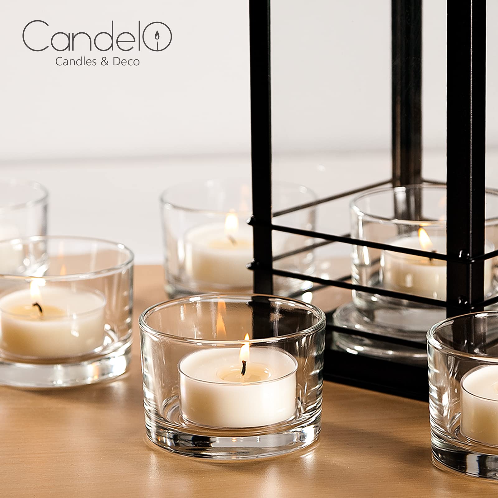 Horeca Candles - Candele Tealight Bianche - Durata 24 Ore - Set da 24 Candeline Non profumate - Bicchiere di Plastica Trasparente - Lumini per Matrimonio, Decorazione, Gastronomia