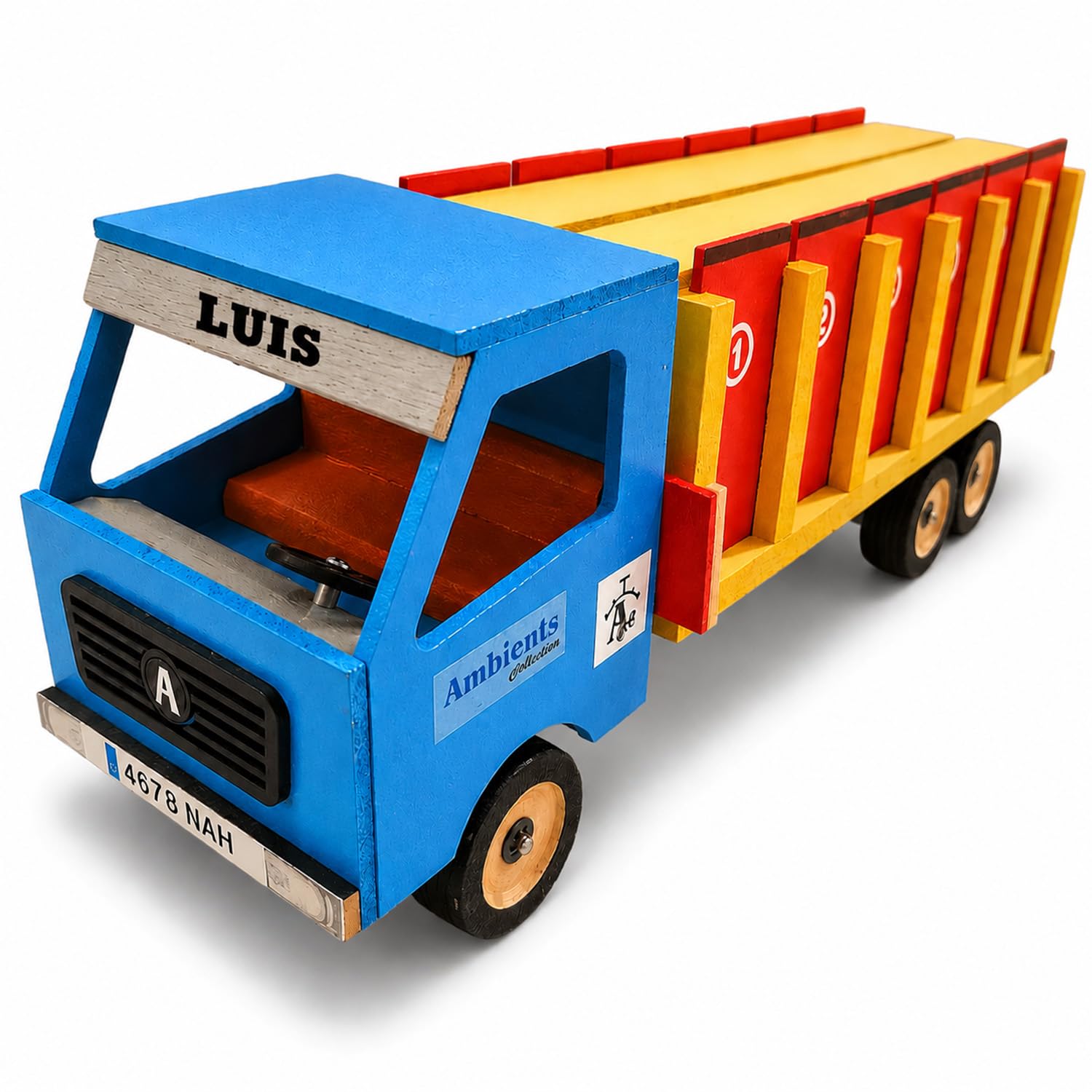 Camión de Toros Juguete Personalizable con 6 Toritos, Cajón con Compartimentos, 12 Puertas y Rampa, Madera Sostenible, Regalo Taurino para Niños, 42 x 12 x 19 cm