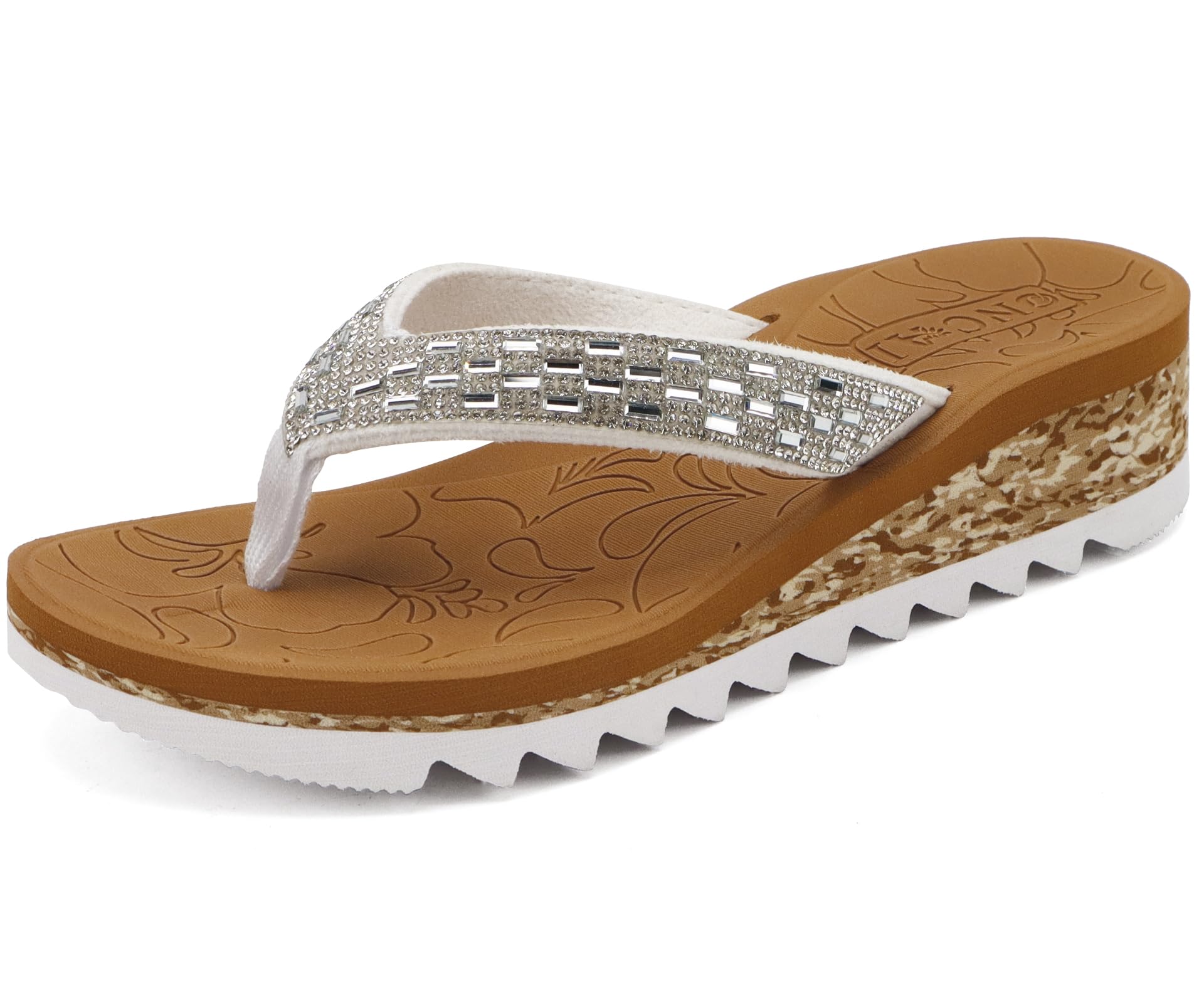 ONCAI Women's Wedge Flip Flops with Rhinestone，Recovery Dressy Walking Sandals for Women with Comfortable Arch Support Cushion Yoga Mat Summer Rubber Soles(US Size 5-11)