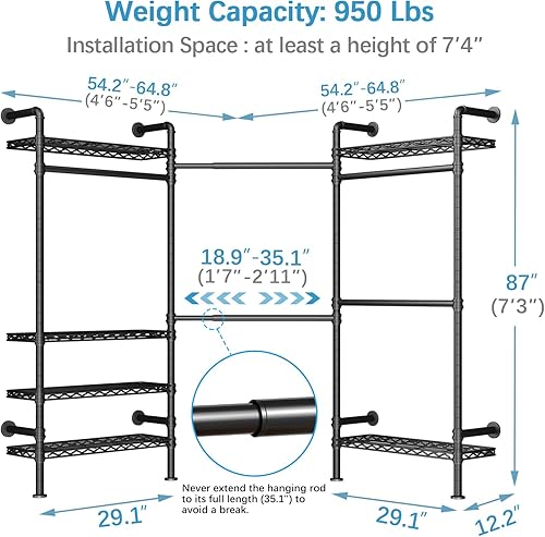 Miniatura 4 de Timate Perchero de ropa en forma de L L3 resistente para colgar ropa, perchero industrial expandible montado en la pared, armario de esquina