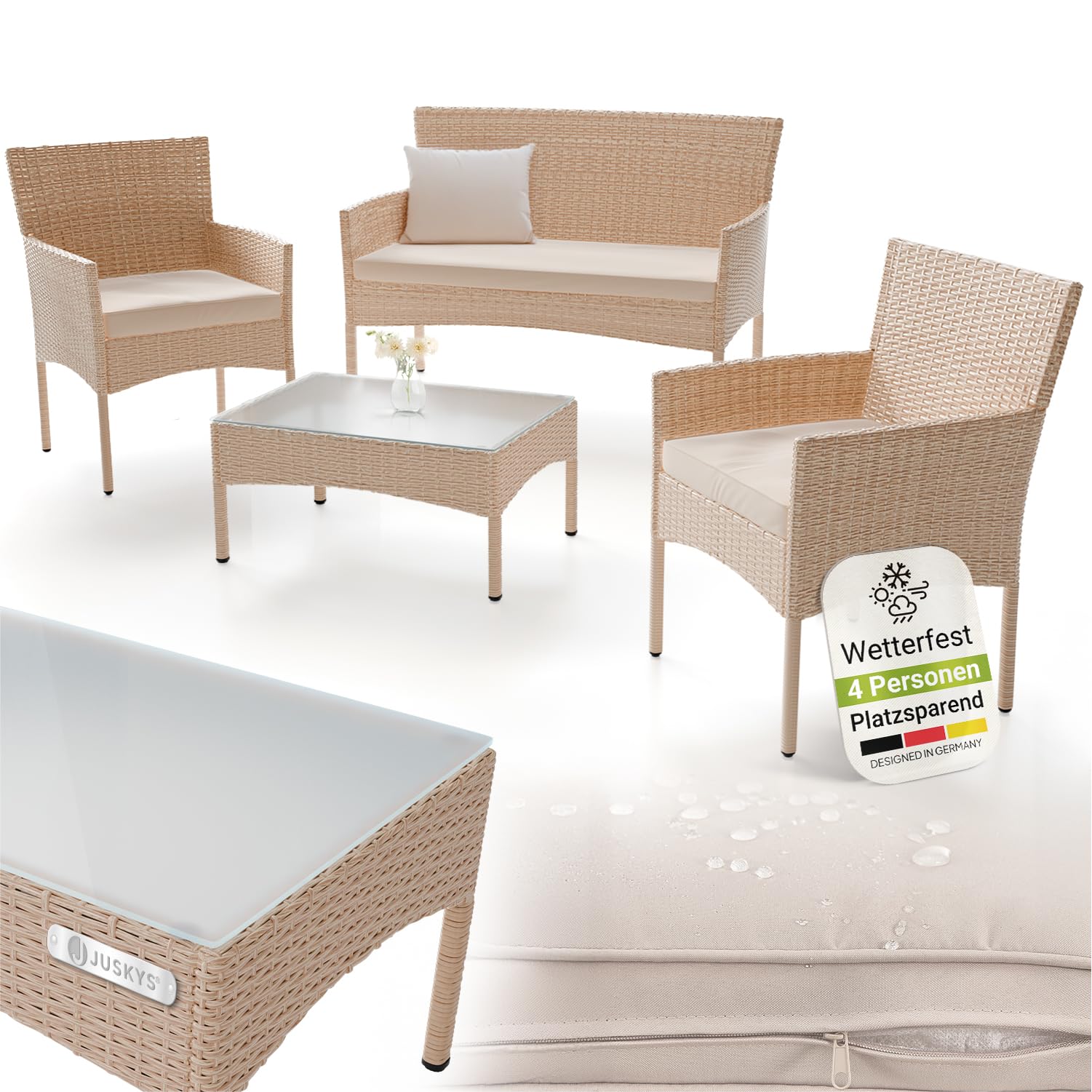 Juskys® Polyrattan Sitzgruppe Fort Myers Creme mit Sand Bezüge 4 Personen mit 2er Sofa, 2 Stühle, Tisch & Sitzkissen wetterfest Balkonmöbel Gartenmöbel Set