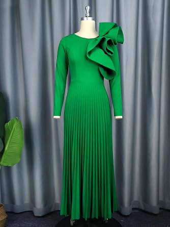 AOMEI Women's Long Sleeve with Asymmetrical Ruffles Pleated A-Line Maxi Dress Elegant Formal