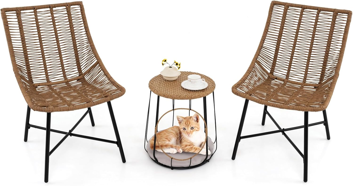Tangkula 3 Pieces Outdoor Furniture Set with Pet House, Heavy Duty Metal Frame Patio Armless Chairs with Coffee Table, for Patio, Yard, Poolside, Garden (Light Brown)
