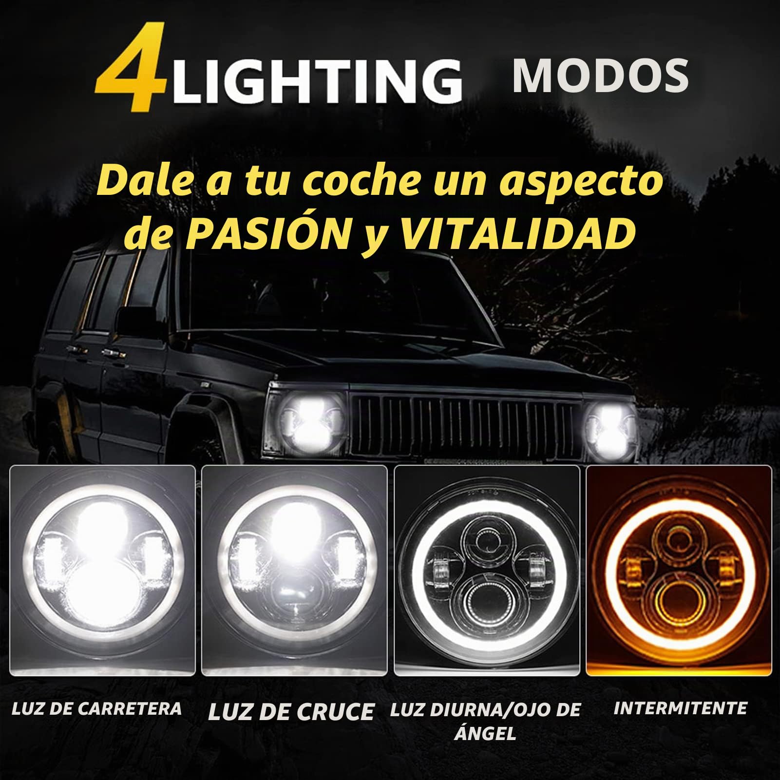 Shkalacar Faro Coche H4, Luz Faro Moto LED de 7 Pulgadas, 1pc/2pcs, con DRL/Señal de Giro/Haz Bajo/Haz Alto, Faro Redondo 6000K, 100W/140W, IP67 para vehículos de 9 V-30 V Auto, Moto, Camiones etc.