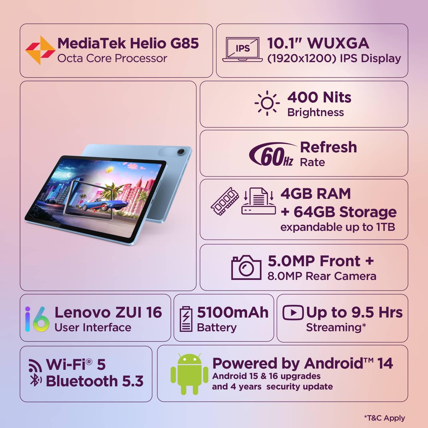 Lenovo Tab (Smartchoice) | 10.1 Inch Display| Wi-Fi Only| 4 GB RAM + 64 GB ROM (Expandable up to 1 TB)| Metal Body| Dual Speakers with Dolby Atmos| Android 14| Color: Polar Blue — Amazon image 2