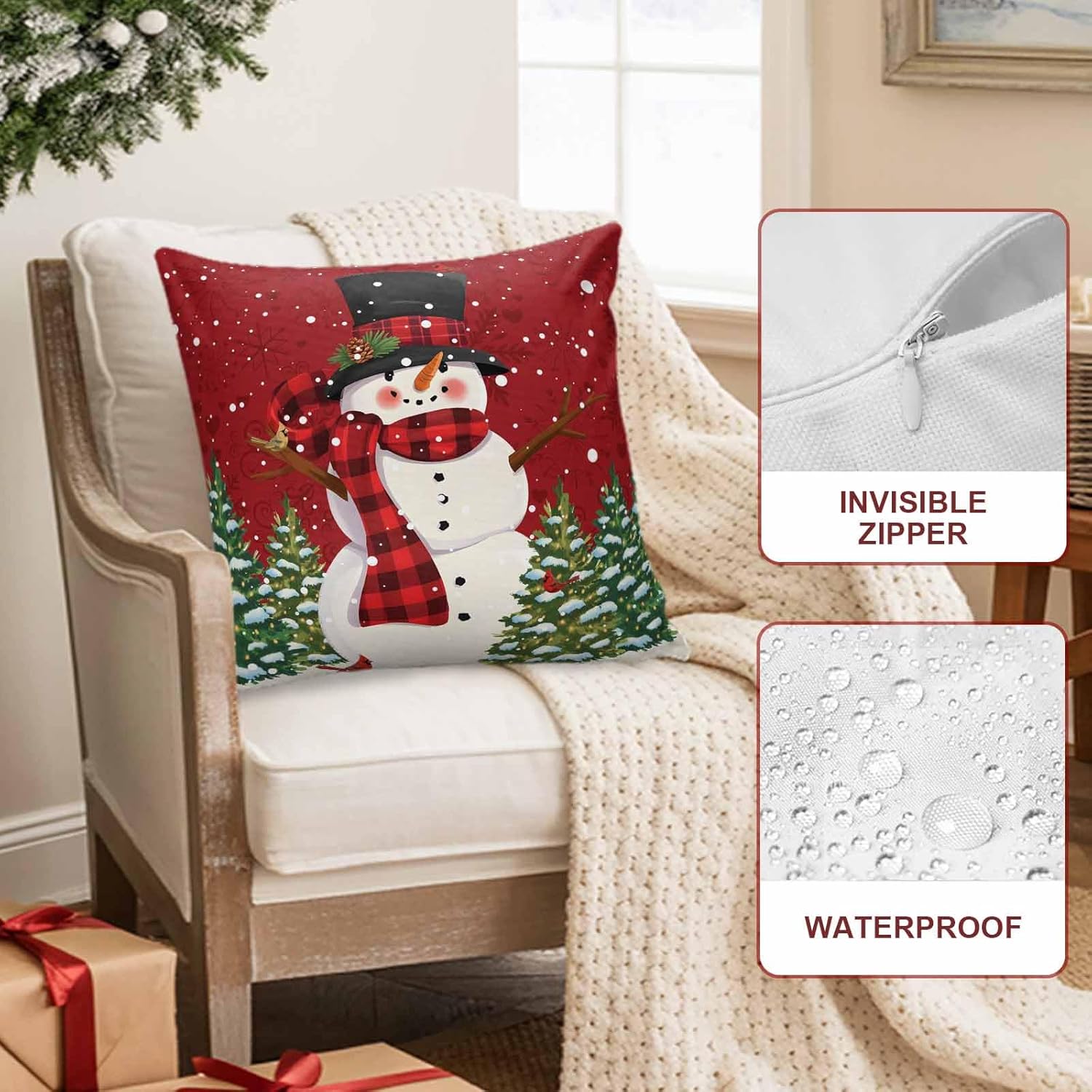 Waterproof Pillow Covers for Outdoor/Indoor,Cute Snowman Christmas Tree Holiday Pillow Cases Soft Throw Pillows Pack of 2,Winter Snow Cardinal Berry Red Back Cushion Cover for Living room/Bedroom/Bed