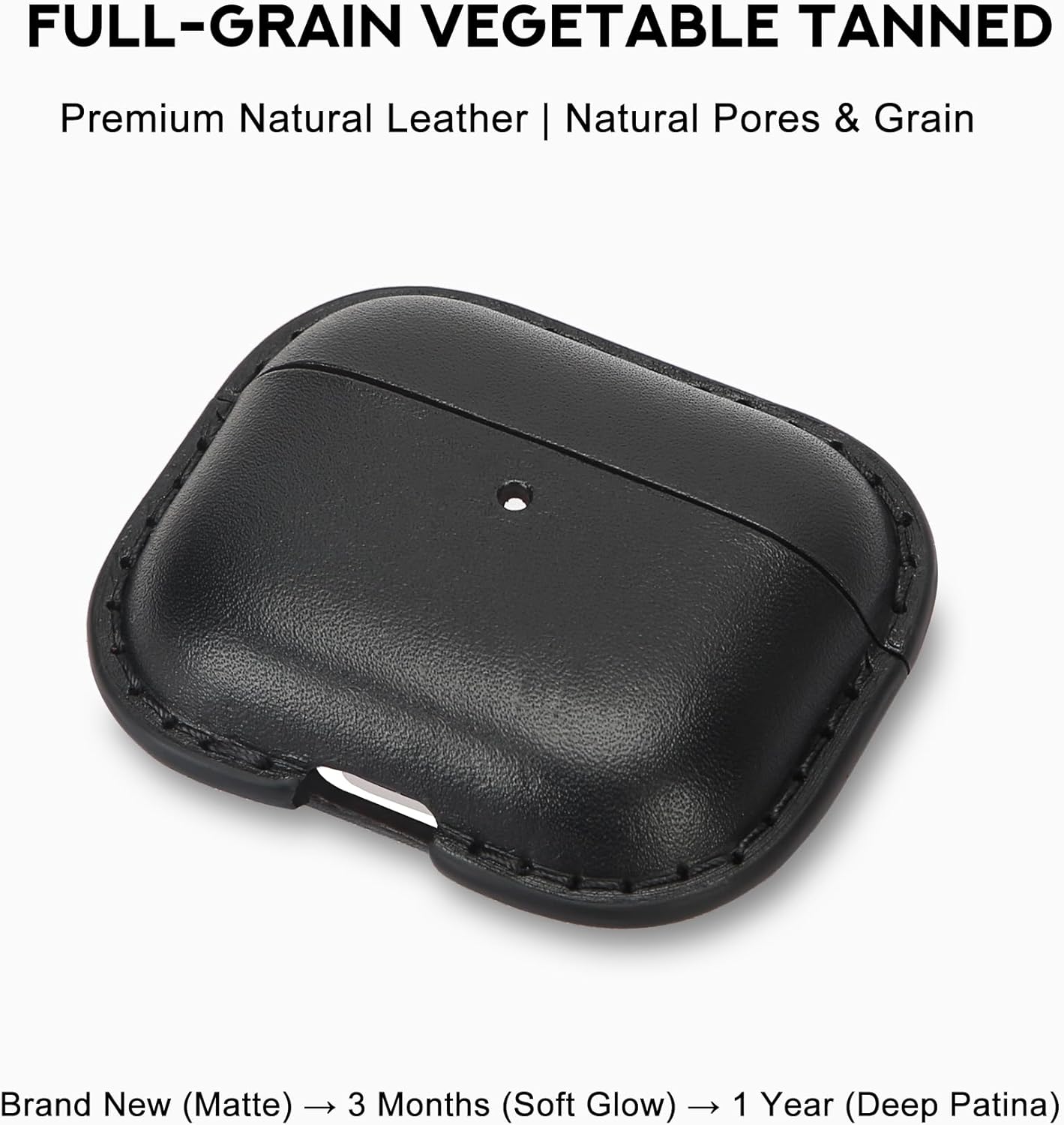 JusBumio Hand-Stitched Full Grain Vegetable Tanned Leather Case Compatible with AirPods Pro 3 (2025 Release), All-Leather Construction, MagSafe Ready, Unique Patina (Midnight Black)