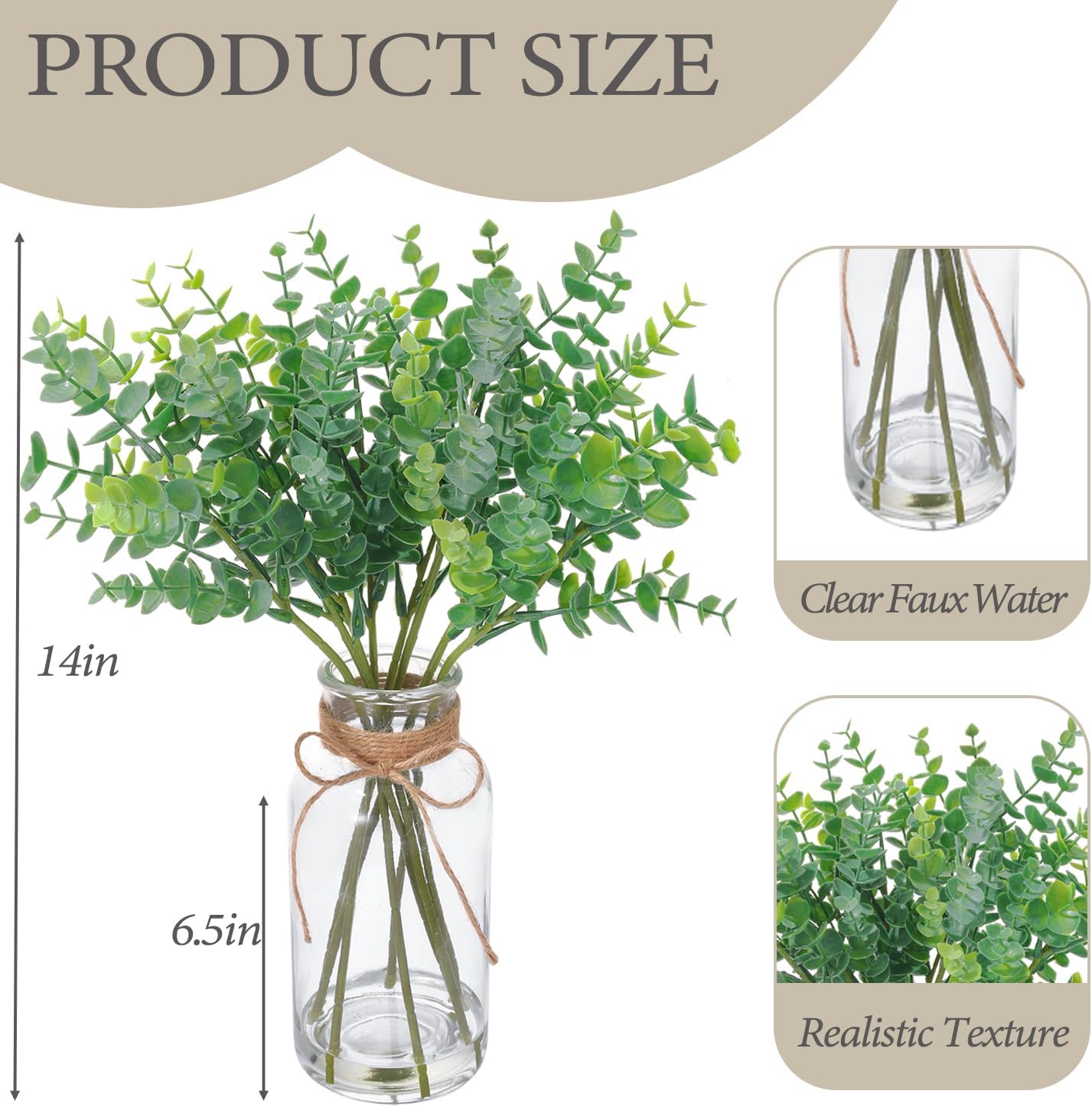 14" Lifelike Faux Eucalyptus Stems in Glass Vase - Artificial Eucalyptus Decor with Faux Water for Bathroom, Farmhouse,Coffee Table Decor, Wedding Centerpiece - Image 2