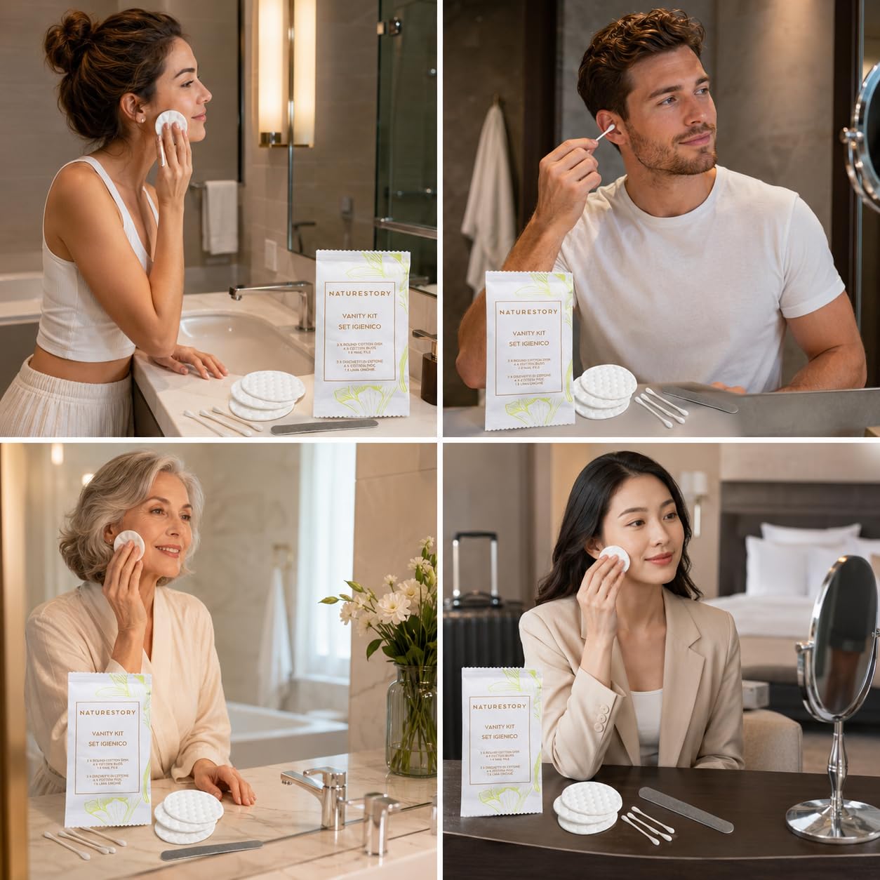 Maqa Vanity Einweg-Set für Gäste, 3 Make-up-Entferner-Pads, 4 Wattestäbchen, 1 Nagelfeile, elegante Einzelpackung für Hotel, B&B, Ferienhäuser, Spa, hygienisch und gebrauchsfertig (100)