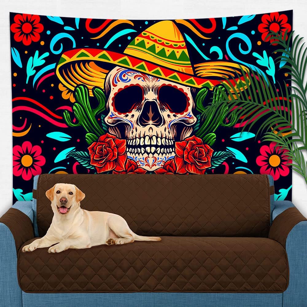 SHRAPHY Trippy Skull Tapestry 80x60 Inches Mexican Sugar Skull Tapestry Botanical Flower Cactus Peach Skin Fabric Wall Art Tapestries for Bedroom RGTMLUH103