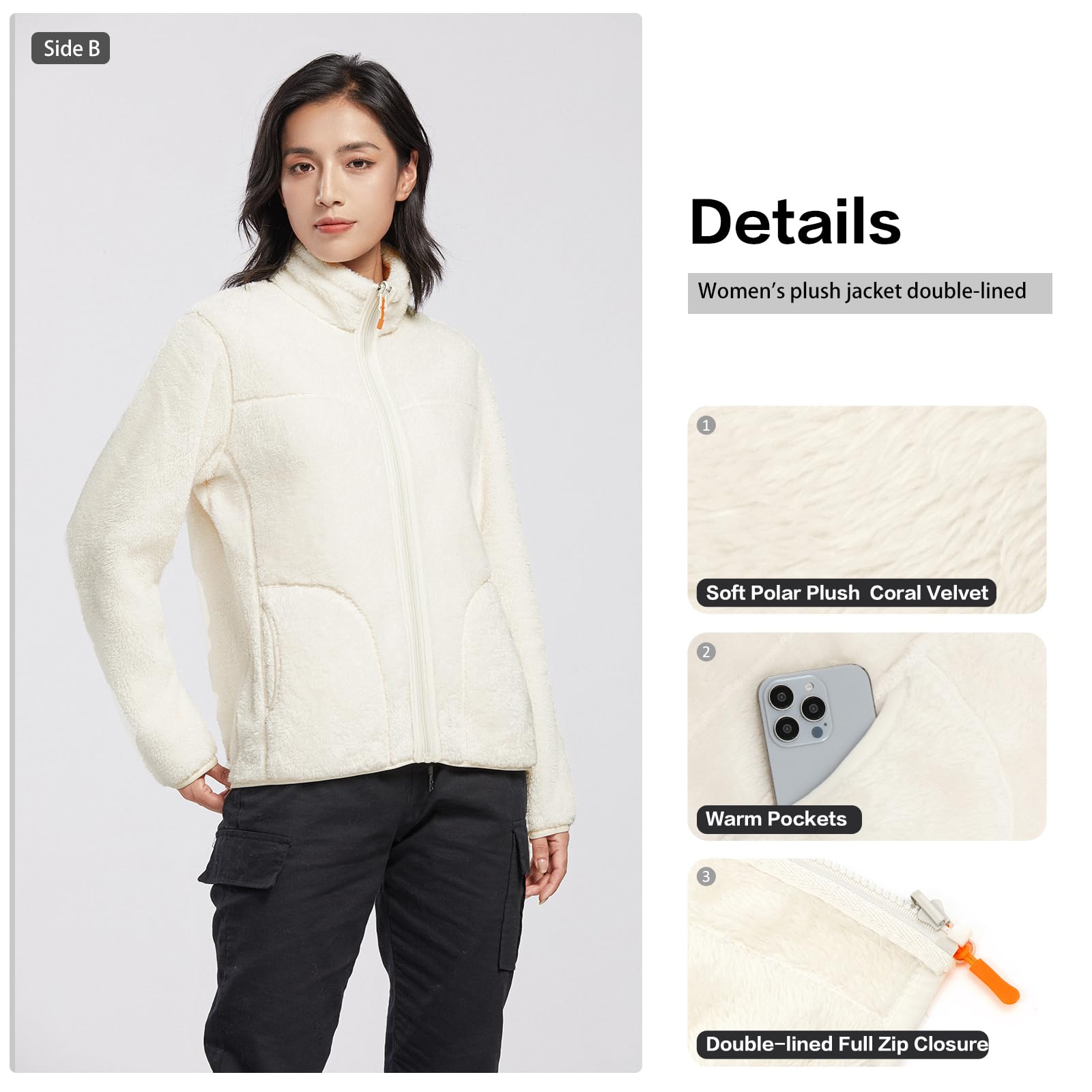 BWBIKE Mujer Cálida Cremallera Manga Larga Suave Chaqueta Polar Fuzzy Fleece Abrigo Reversible de Recreación al Aire Libre con Doble Forro para Otoño Invierno