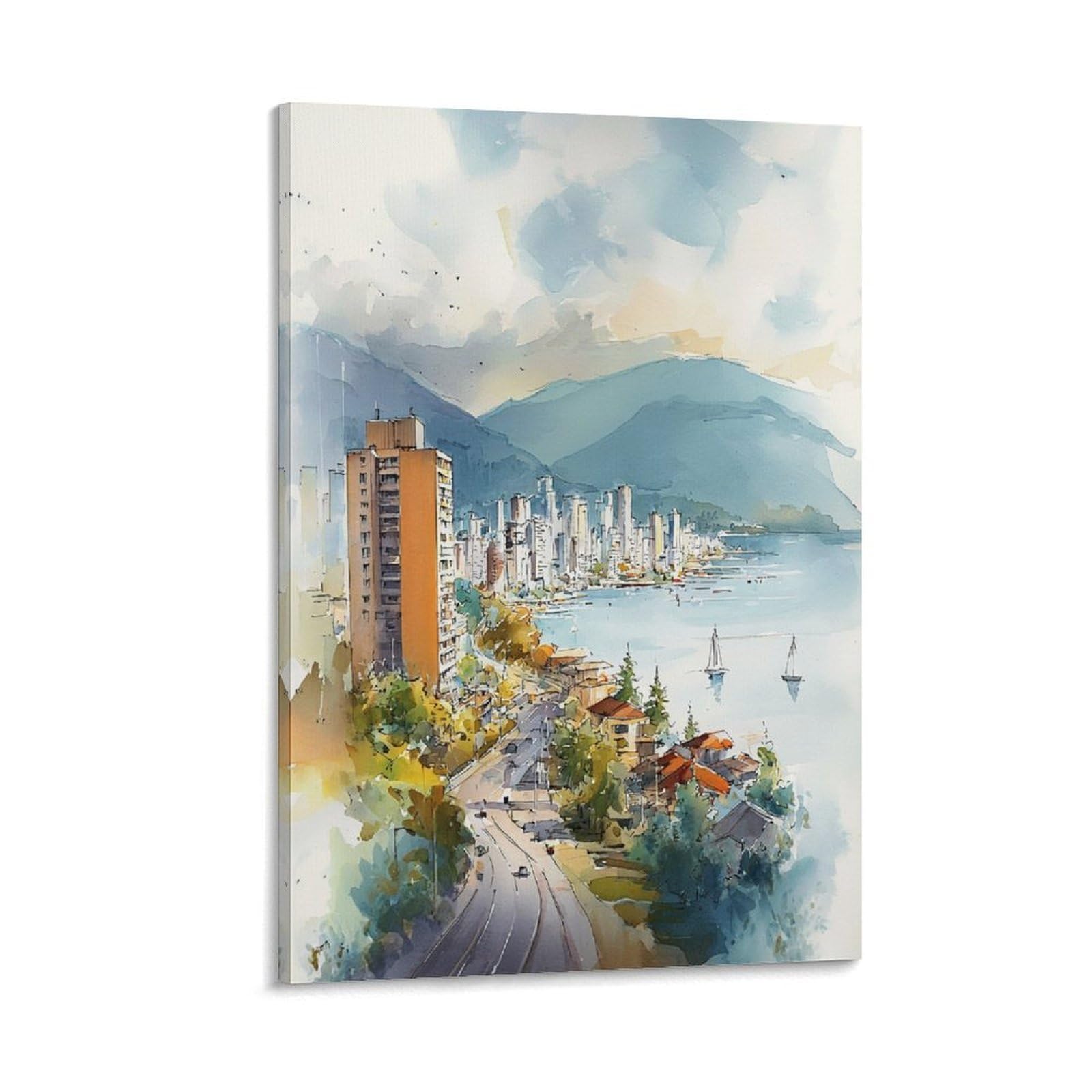 Xwymxz Frame-Style Vancouver Evening Watercolor Tree 20X30inch(50X75cm) Vintage Travel Poster Watercolor Canvas Art