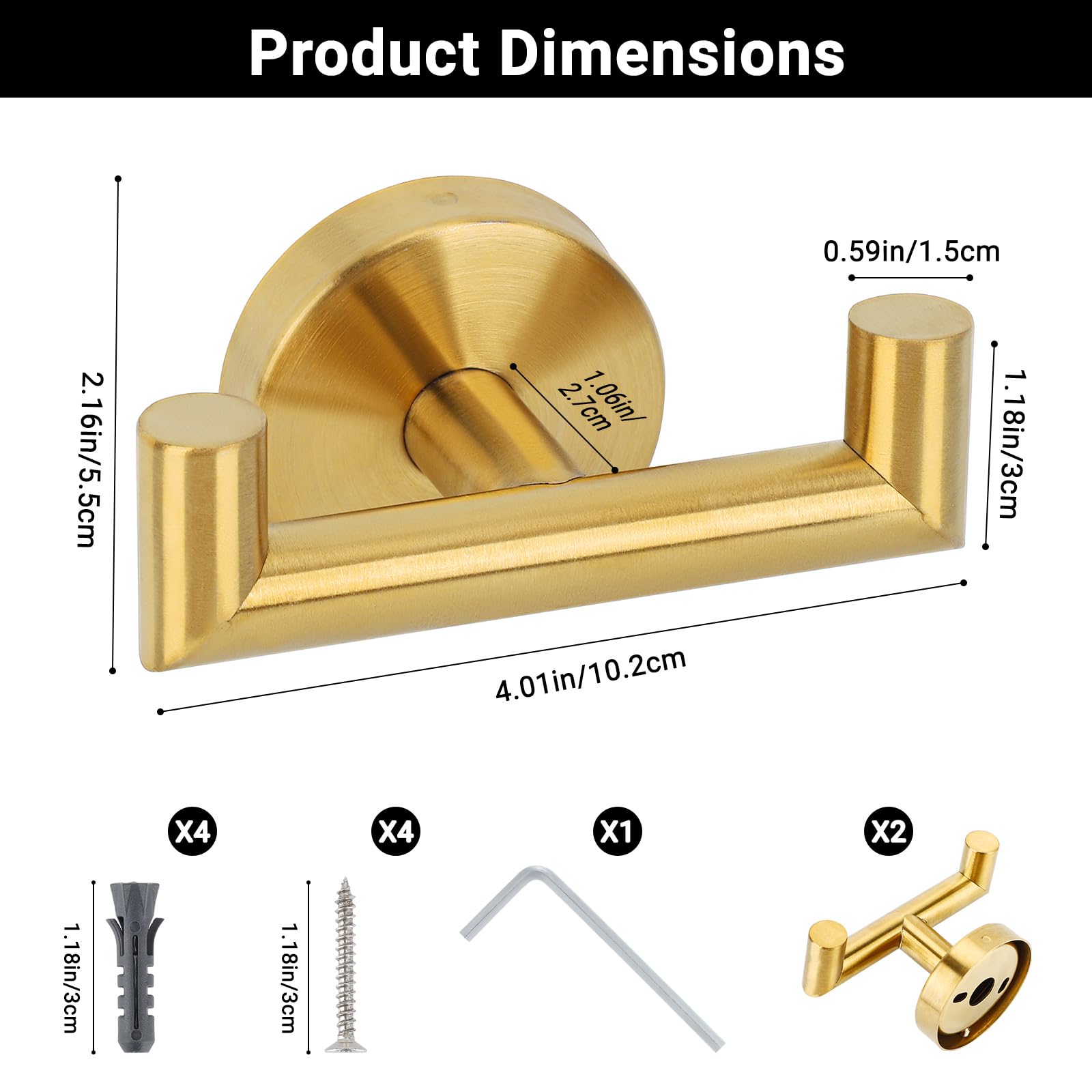 Set 4 Ganci Da Parete Gold Per Bagno - Appendiacappatoio In Acciaio Inox, Portata 20kg