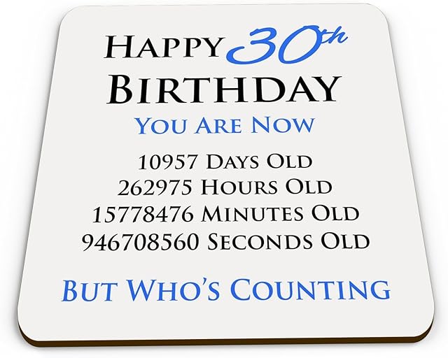 Happy 30th Birthday You are Now Days Hours Minutes Seconds Old Novelty Glossy Mug Coaster - Blue