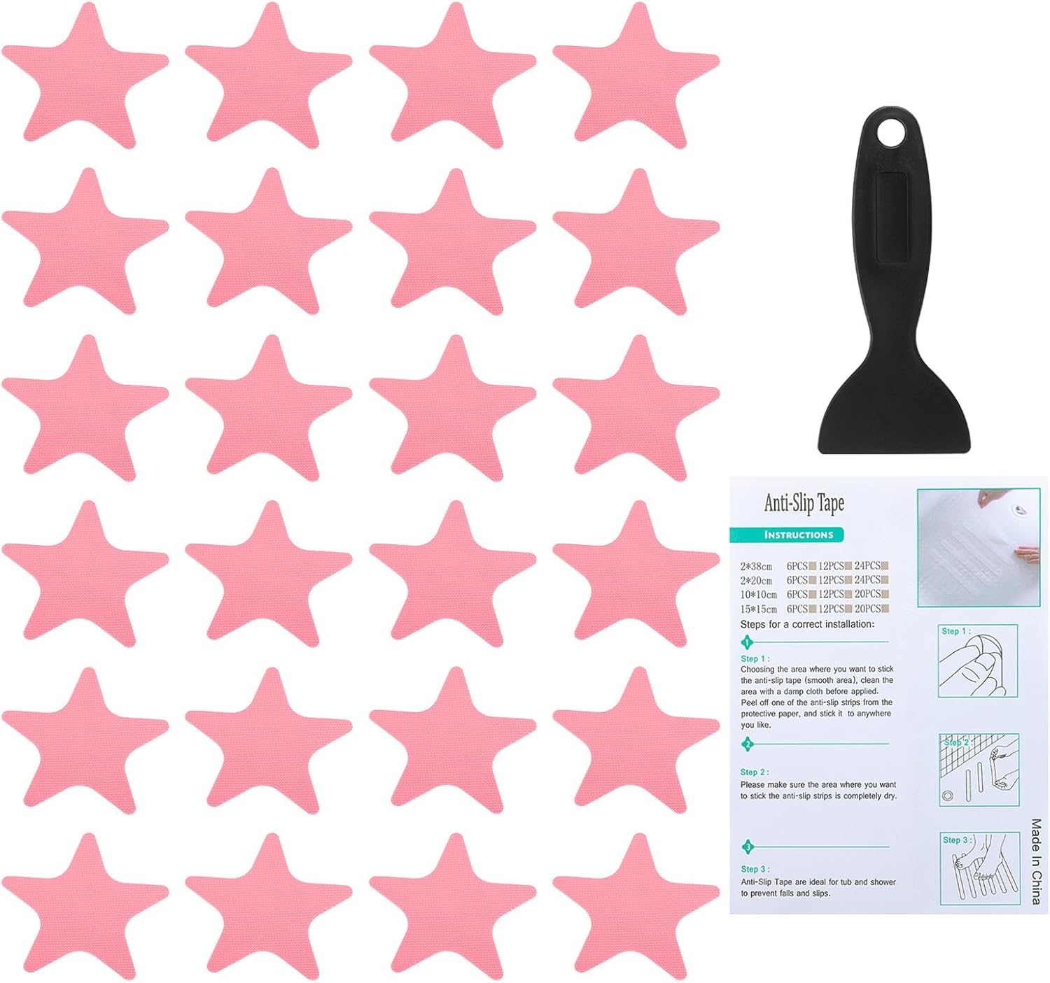 PATIKIL Bathtub Non Slip Stickers 4.13x4.13 Inch, 24 Pack Star Safety Shower Floor Anti Slip Stickers with Adhesive Decals Scraper for Bath Tub Shower Floor Stair, Pink