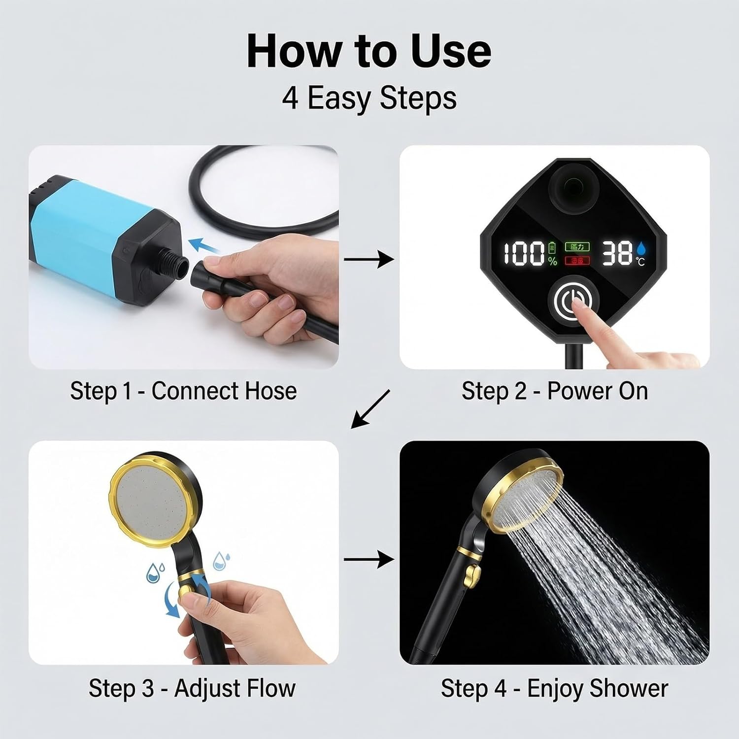 Portable Camping Shower with a Smart Led Display and a 9000Mah Rechargeable Outdoor Shower Pump, Ideal for Camping, Hiking, Pet Grooming, and Car Washing
