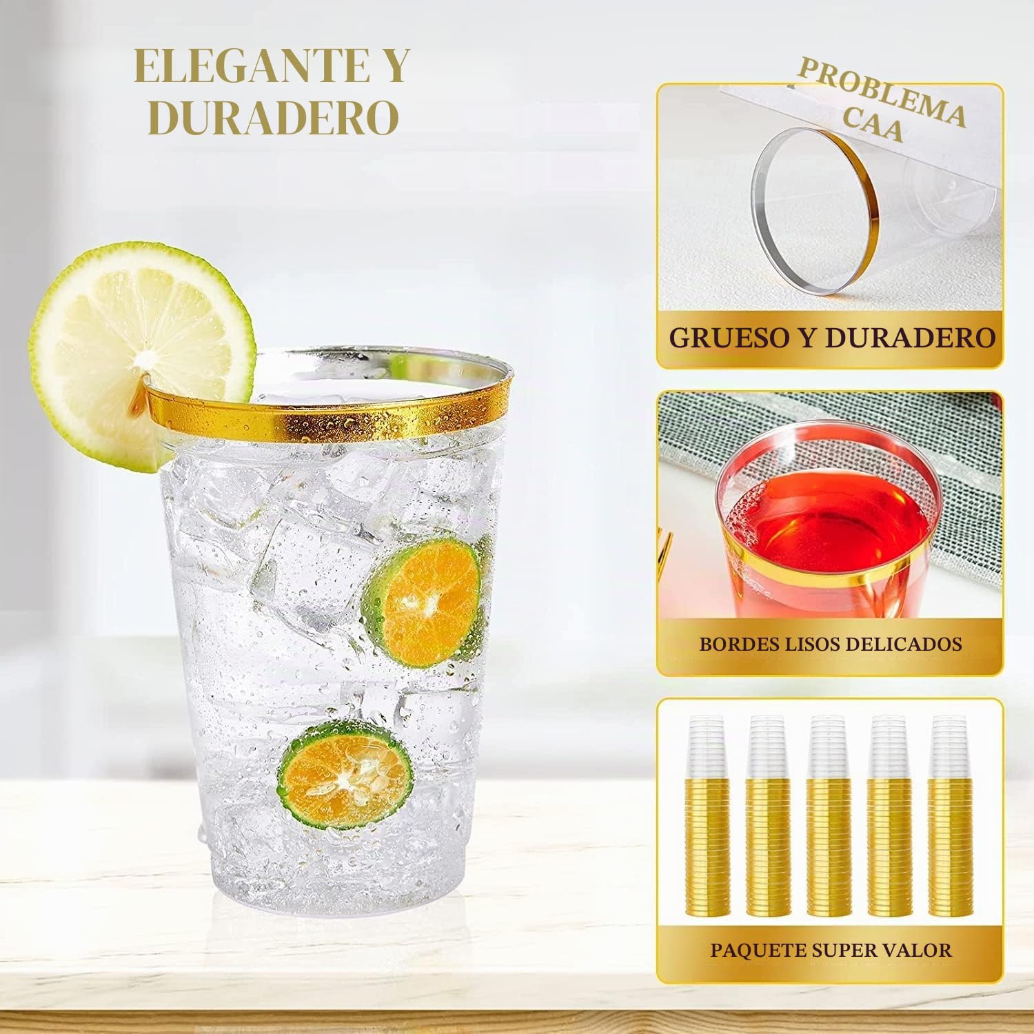 LATERN 50 Piezas Vasos de Plástico con Borde de Dorado, 360ml Plasticos Vasos de Bebida Reutilizables Copas de Vino Elegantes para Fiestas para Champán Cerveza Cóctel Martini Soda (10,5 x 7,5cm)