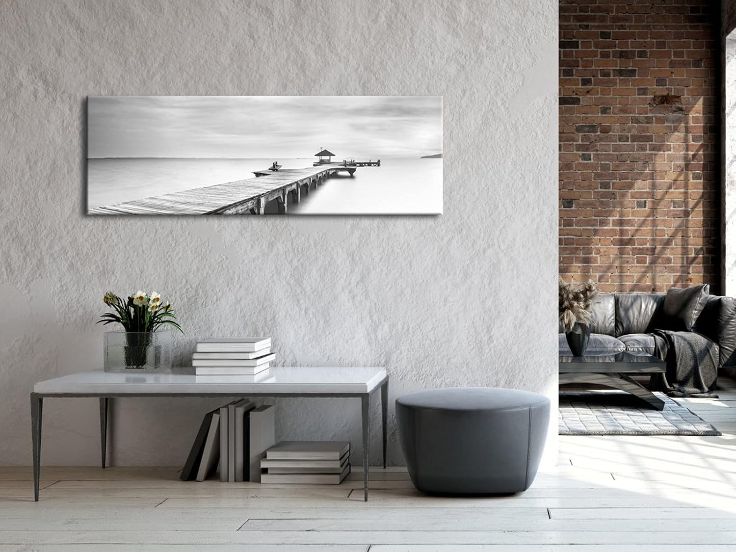 Pyradecor Large Black and White Peace Ocean Bridge Landscape Giclee Canvas Prints Modern Gallery Wrapped Seascape Sea Beach Pictures Paintings Artwork on Canvas Wall Art for Bedroom Home Decorations L