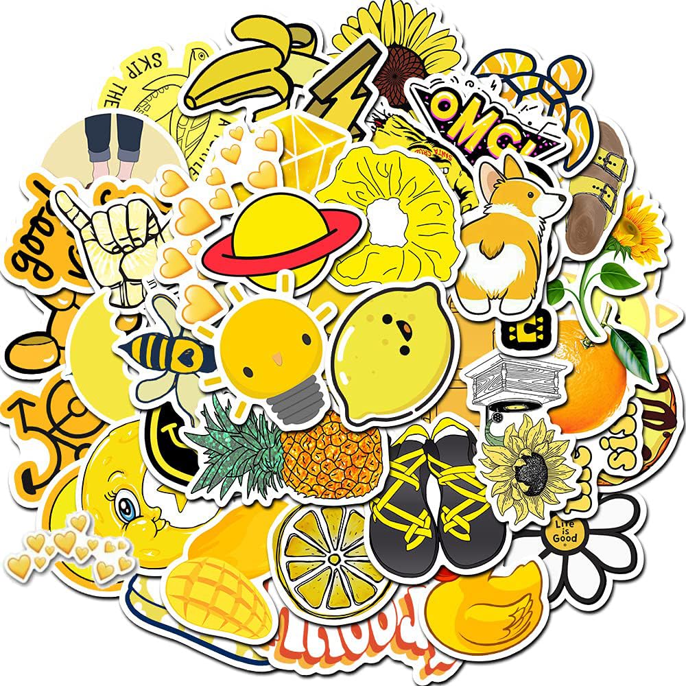 HXMIN Cute Stickers for Water Bottles,Waterproof Vinyl VSCO Stickers for Hydroflask Laptop Skateboard,Kawaii Sticker for Kids Teens(Yellow,50Pcs)