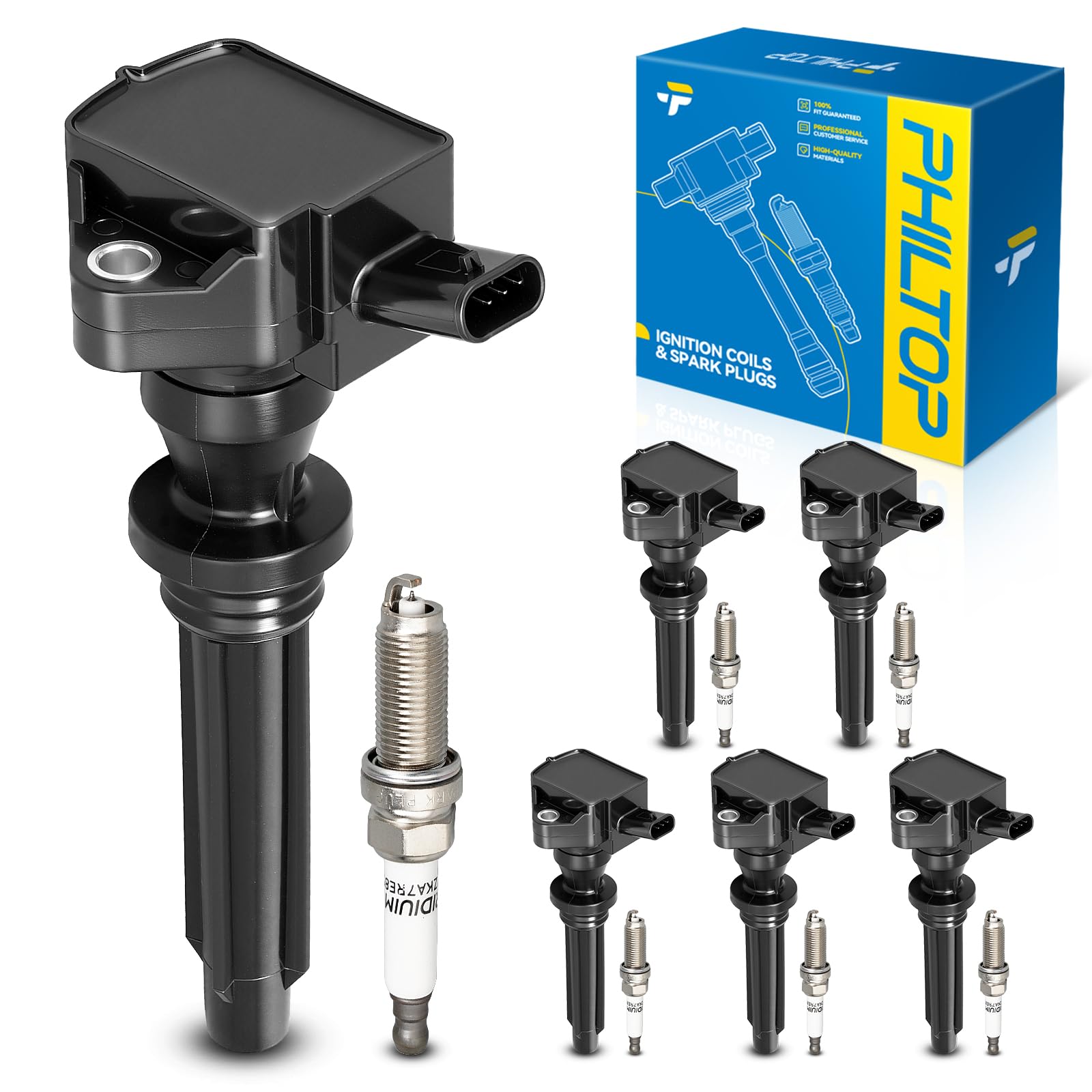 PHILTOP Ignition Coil Pack and Iridium Spark Plugs Fits for Land Rover 2014-2018 2021-2022 Range Rover Sport 3.0L/5.0L, 2014-2022 Range Rover 3.0L/5.0L, Jaguar 2017-2020 2022-2023 F-Pace, 6PCS UF730