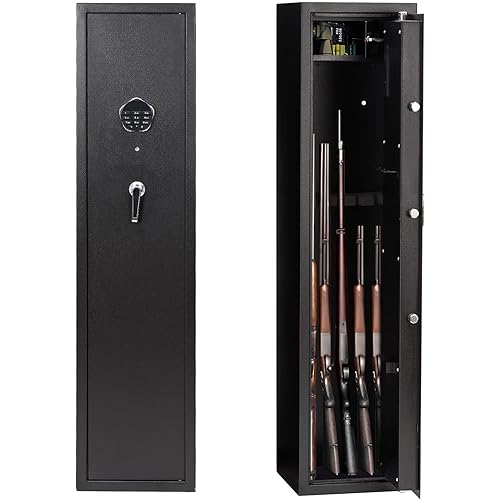 5-6 Rifle Gun Safe, Large Rifle g-Un Security Cabinet with Quick Access Keypad ＆ Optics Cut, Comes with Pistol Lock Box & Removable Shelf, 2 Keys for Home Office (Black)
