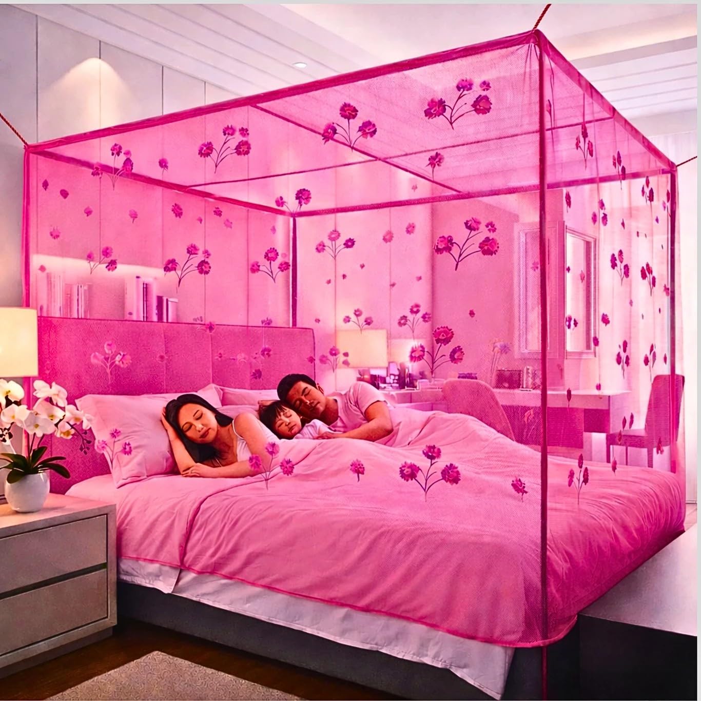 nuraglow pink mosquito net, rectangular, red flower printed, cotton 1 piece (big size (7x10 ft))