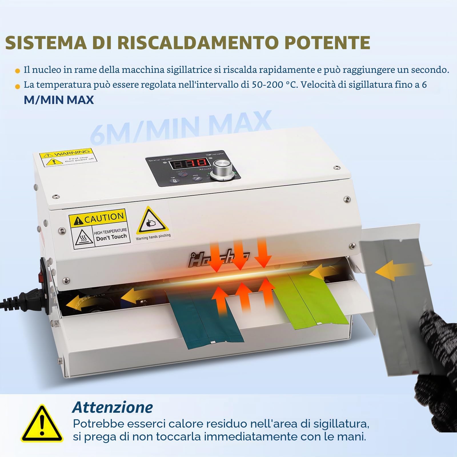 Hanchen Sigillatrice a caldo a rullo 3000 W, sigillamento continuo 6m/min, temperatura e velocità regolabile