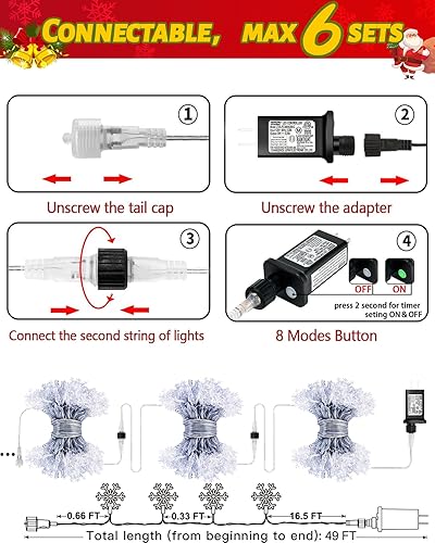 Miniatura 7 de 100 luces LED de copo de nieve de Navidad, cadena de luces de copo de nieve de 32 pies para interiores, 8 modos de iluminación, tira de luces de
