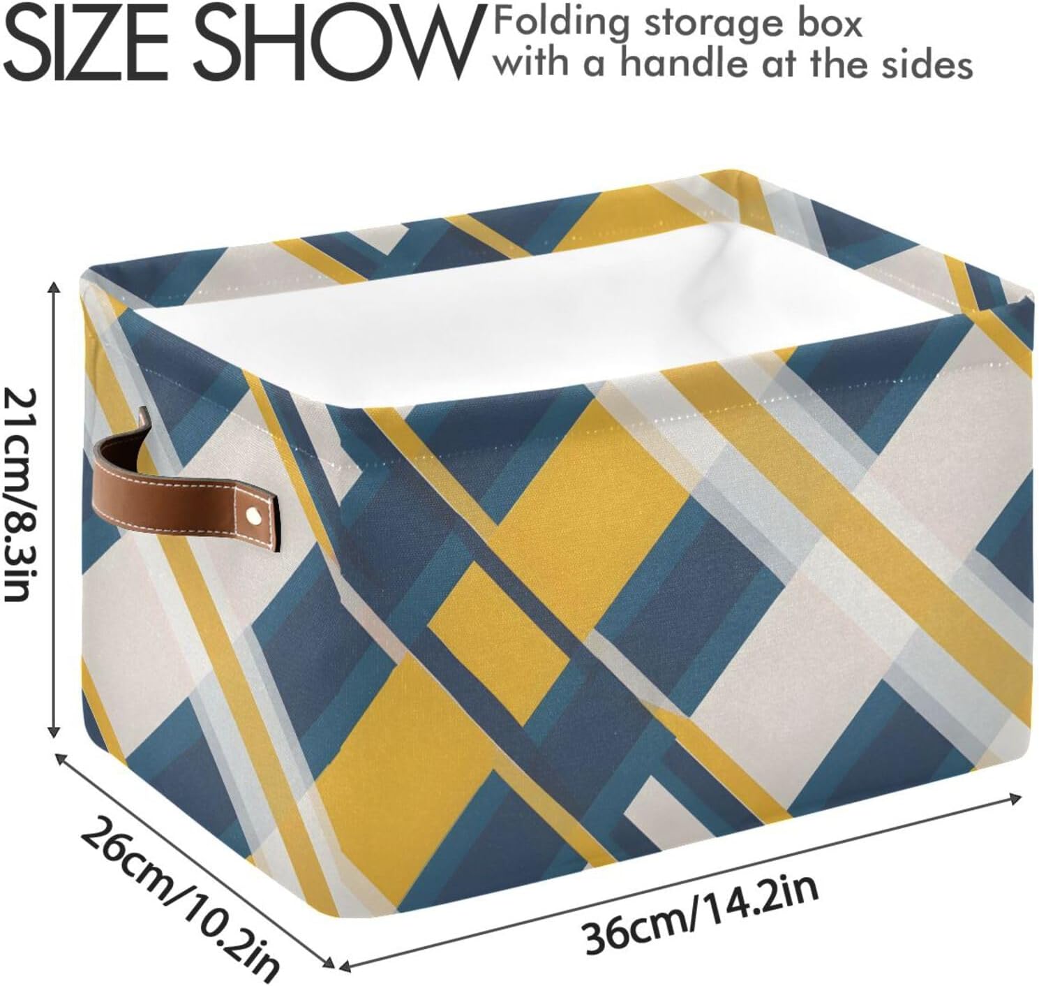 Foldable Storage Basket with Handles Simple Checkered Blue Yellow Fabric Kitchen Baskets Open Home Storage Bins Boxes Organizer Bag for Baby Cloth Pet Toy Book Shelf Closet Baskets 14.2” x 10.2” x 8.3