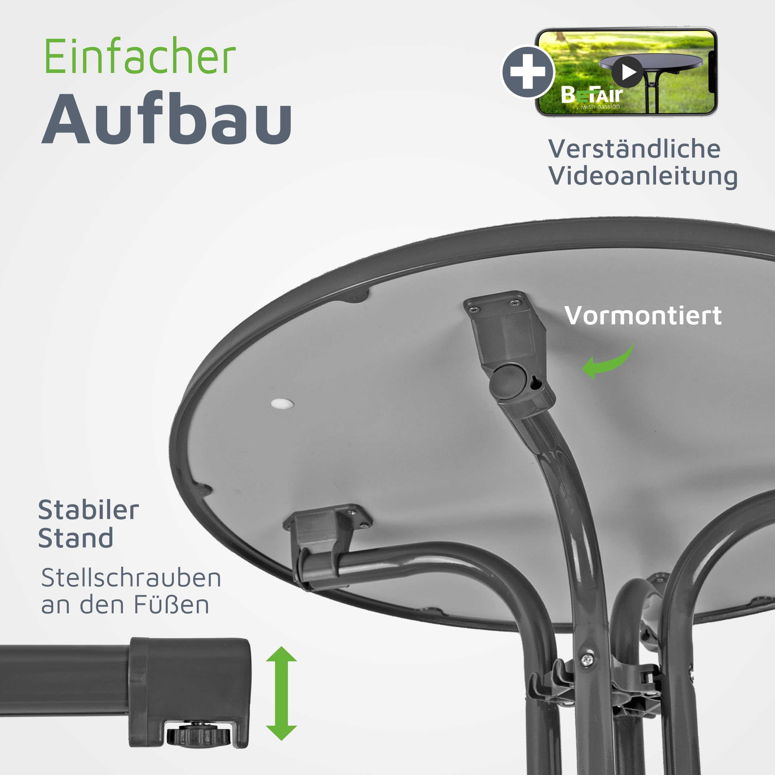 BeFair Stehtisch Klappbar Anthrazit, 80 cm Rund, Nico - Stabiler Bartisch in Höhe 110 cm mit 4 praktischen Haken für Jacken oder Handtaschen - Wetterbeständig, mit kratzfester Tischplatte