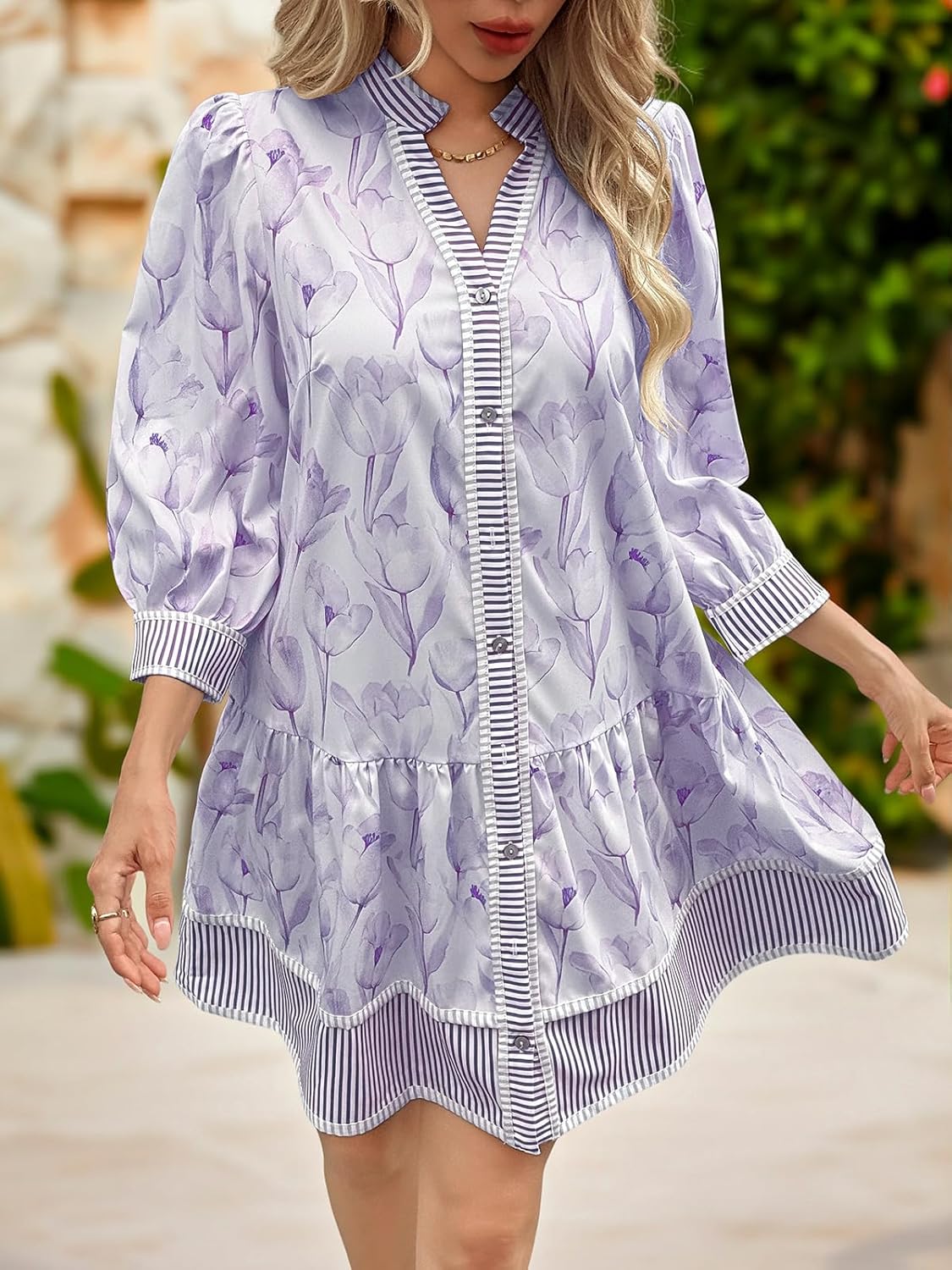 Wenrine Women's Floral Boho Mini Dress 3/4 Long Sleeve V Neck Casual Button Down Shirt Dresses - Image 5