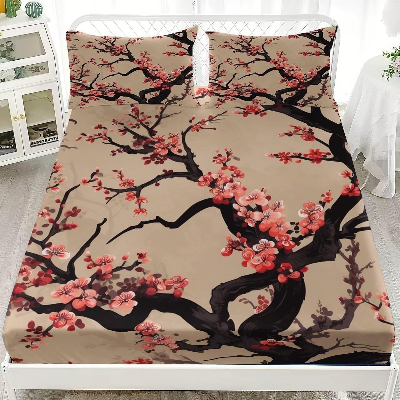 Drap housse 160x200 microfibre à motif branches fleuries de cerisier avec taies